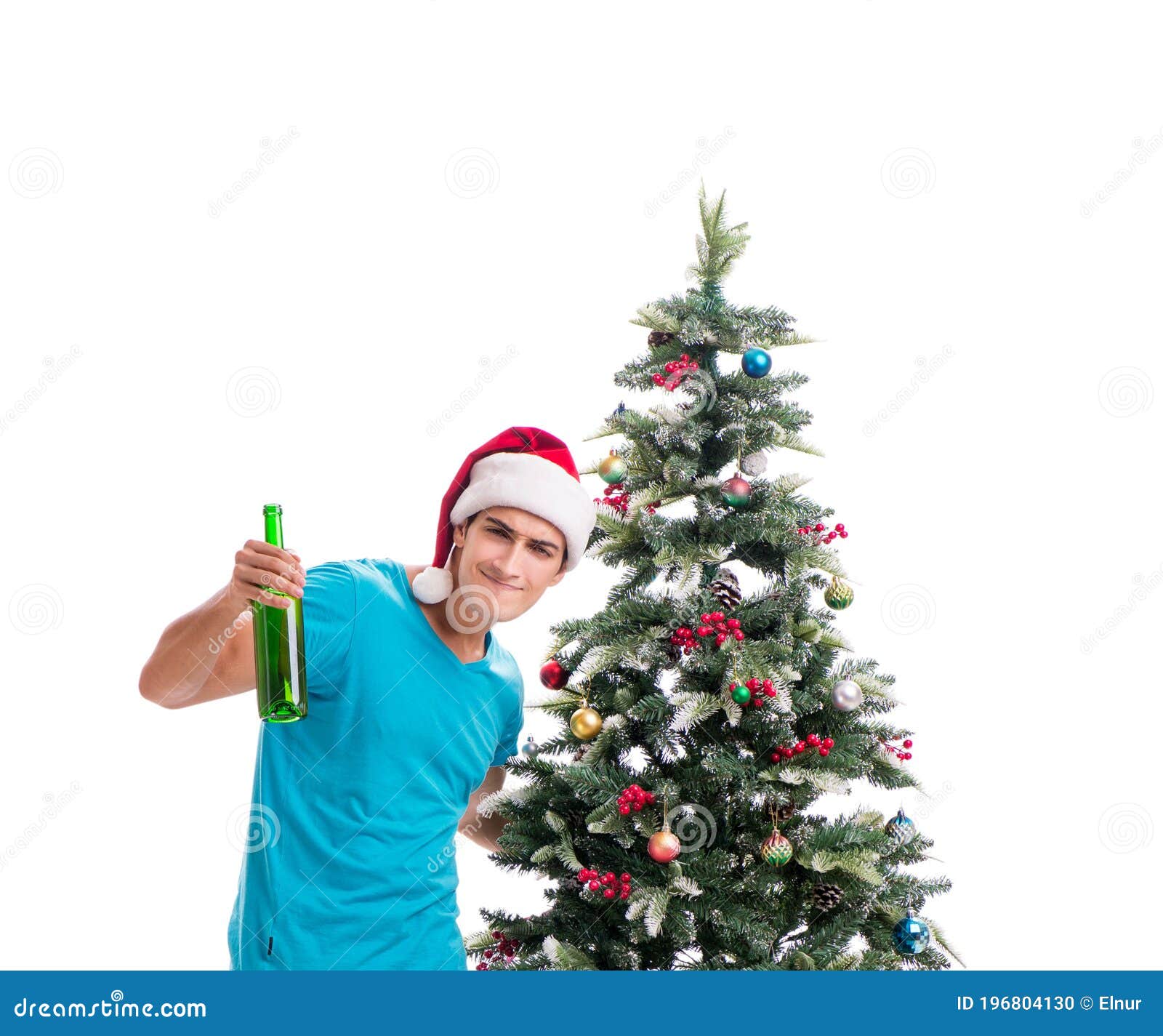 Young Man Decorating Christmas Tree Isolated on White Stock Photo Image of drink, leave 196804130