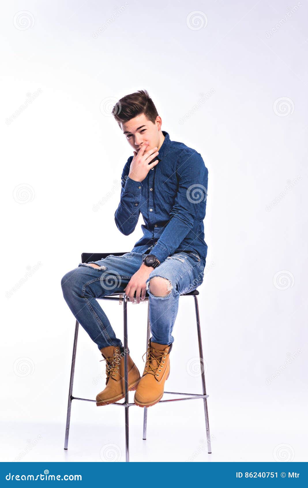 Male Model In Denim Jeans And Boots Stock Image Image Of Blue Attractive