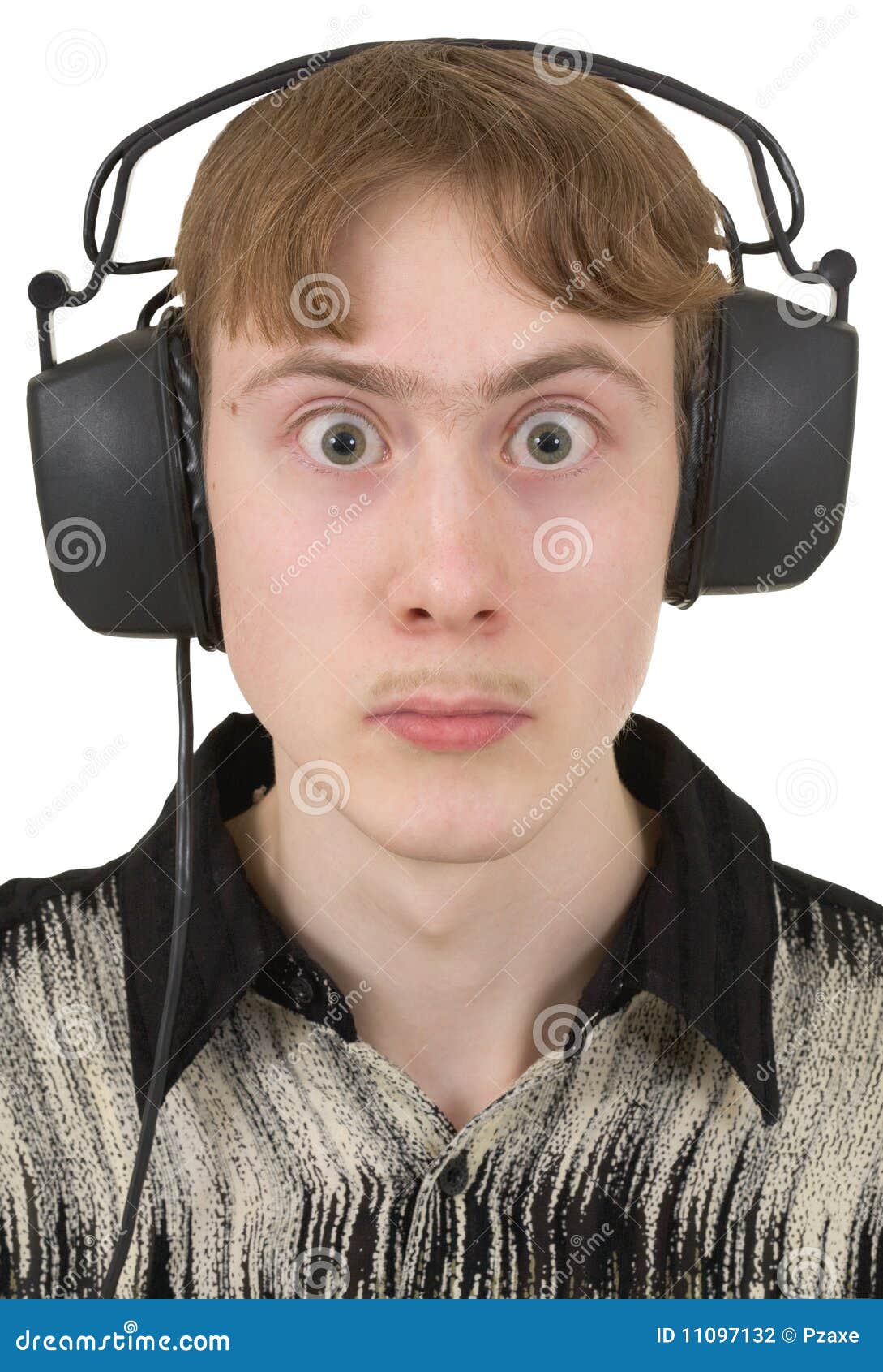 Young Man in Earphones with Protruding Eyes Stock Photo Image of