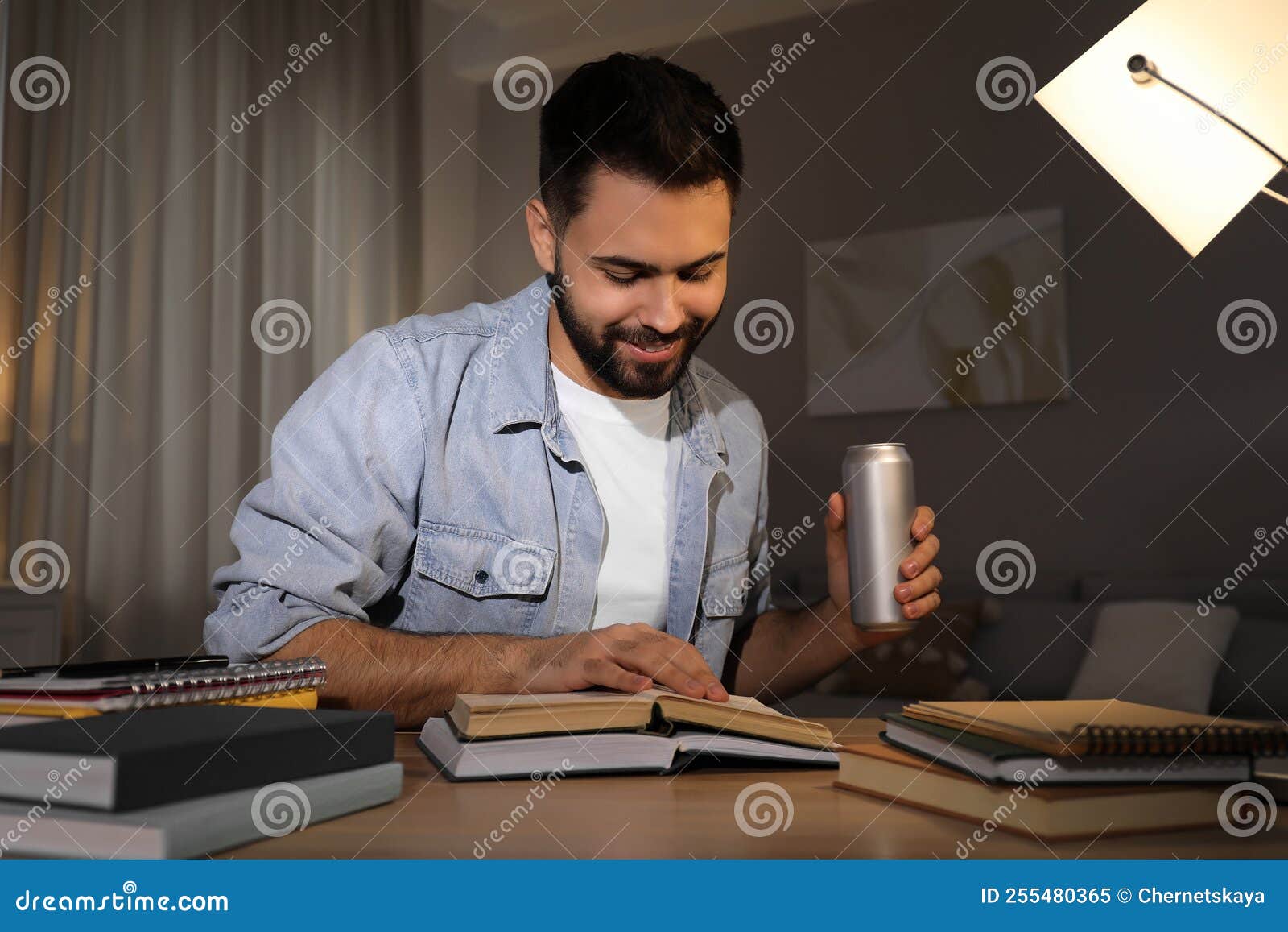 Young Man with Energy Drink Studying at Home Stock Image Image of lifestyle, power 255480365