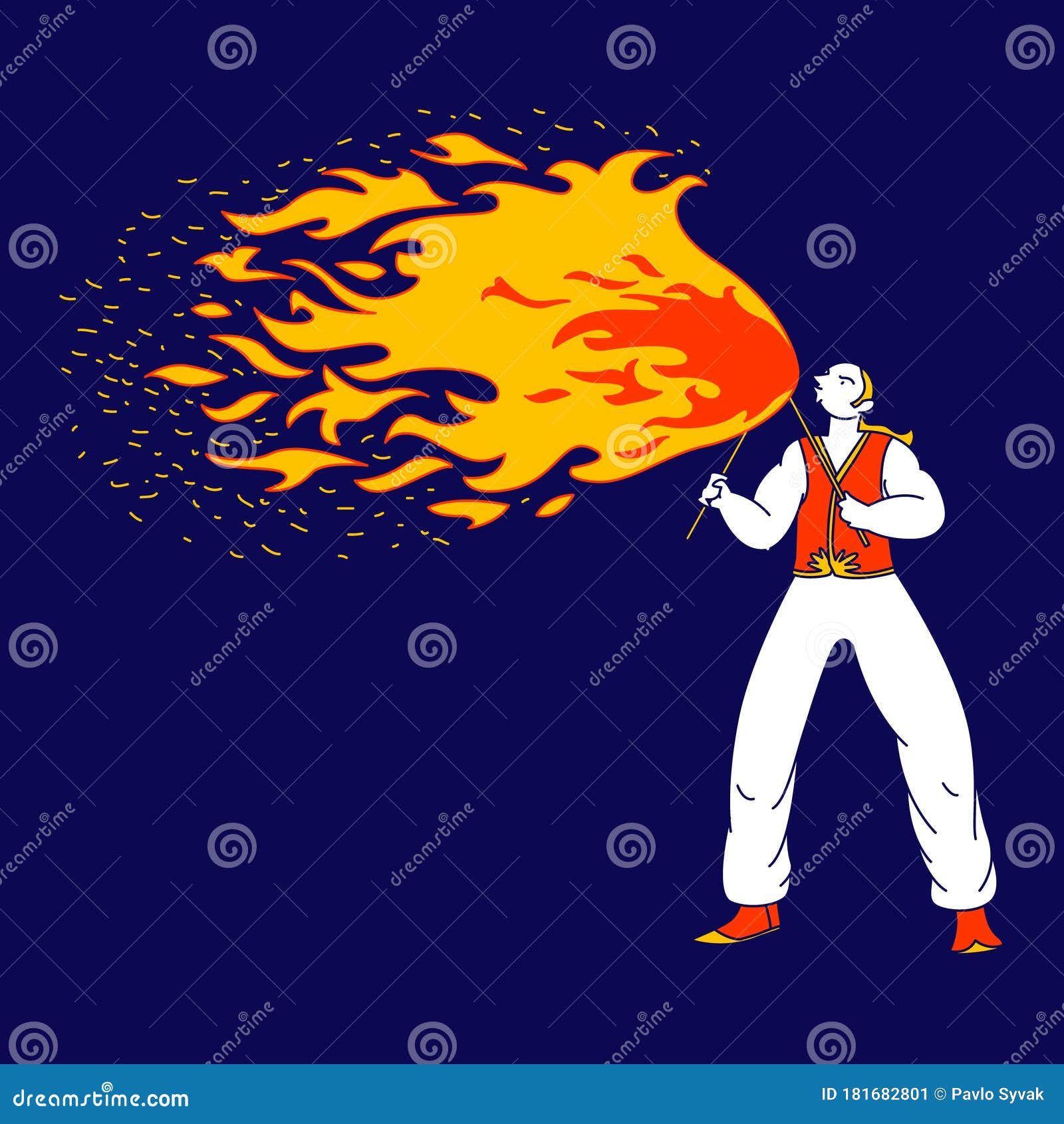 young man fakir character dancing and juggling with fire on stage performing talent show program
