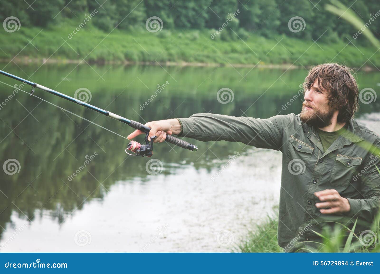 Young Man Fisherman Bearded Fishing with Rod Stock Photo - Image