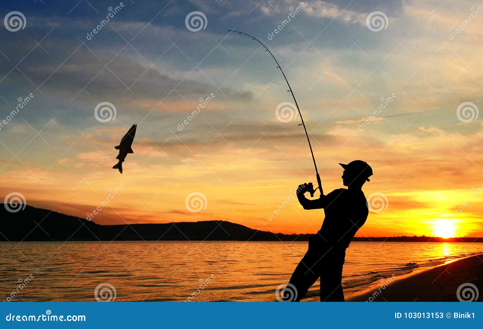 Young Man Fishing at Sunset Stock Image - Image of casting, dark: 103013153