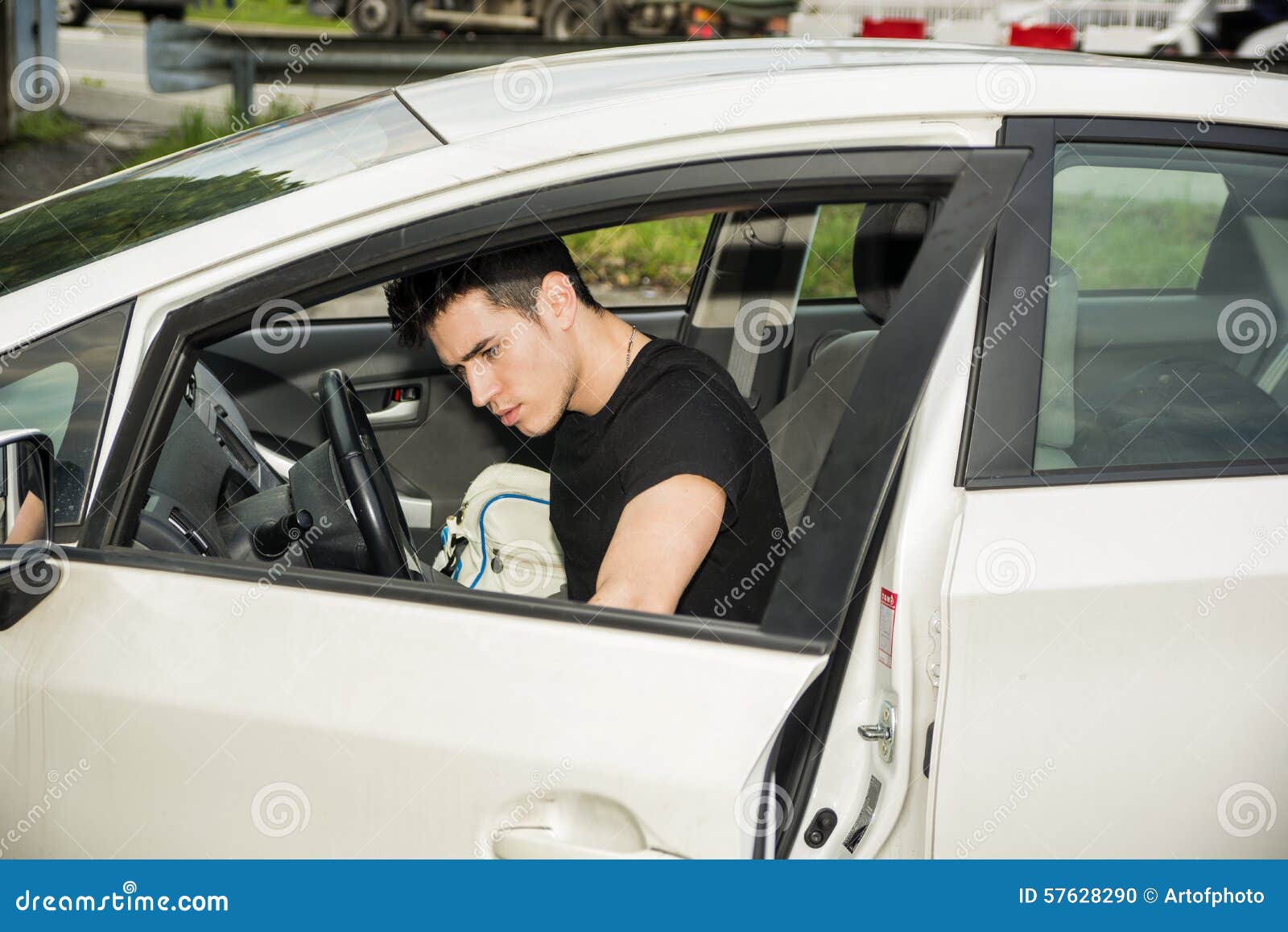 Young Man Getting Out Of White Car Stock Photo Image of