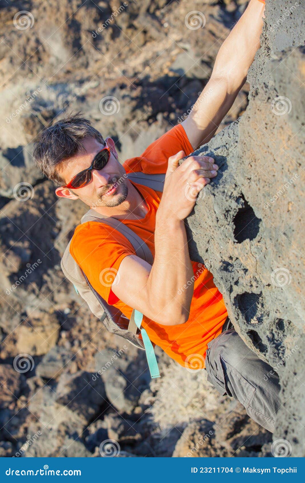 Young Man in Glasses with Backpack Climbing Stock Photo Image of
