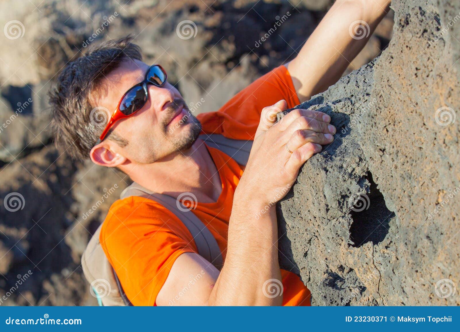 Young Man in Glasses with Backpack Climbing Stock Image Image of