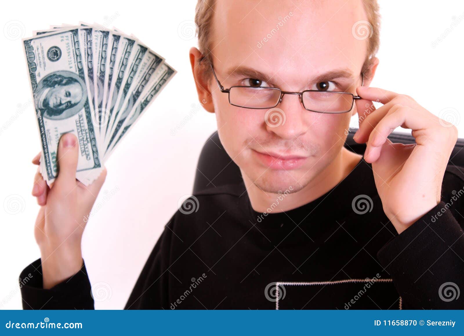 Young Man In Glasses With Dollar Banknotes Stock Photo Image of adult