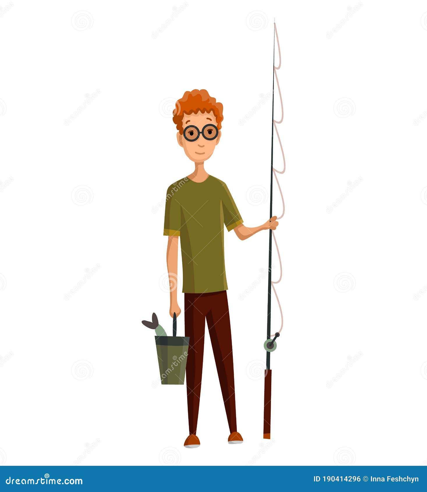 Young Man with Glasses, Fishing Rod and a Bucket in His Hands. Caught ...