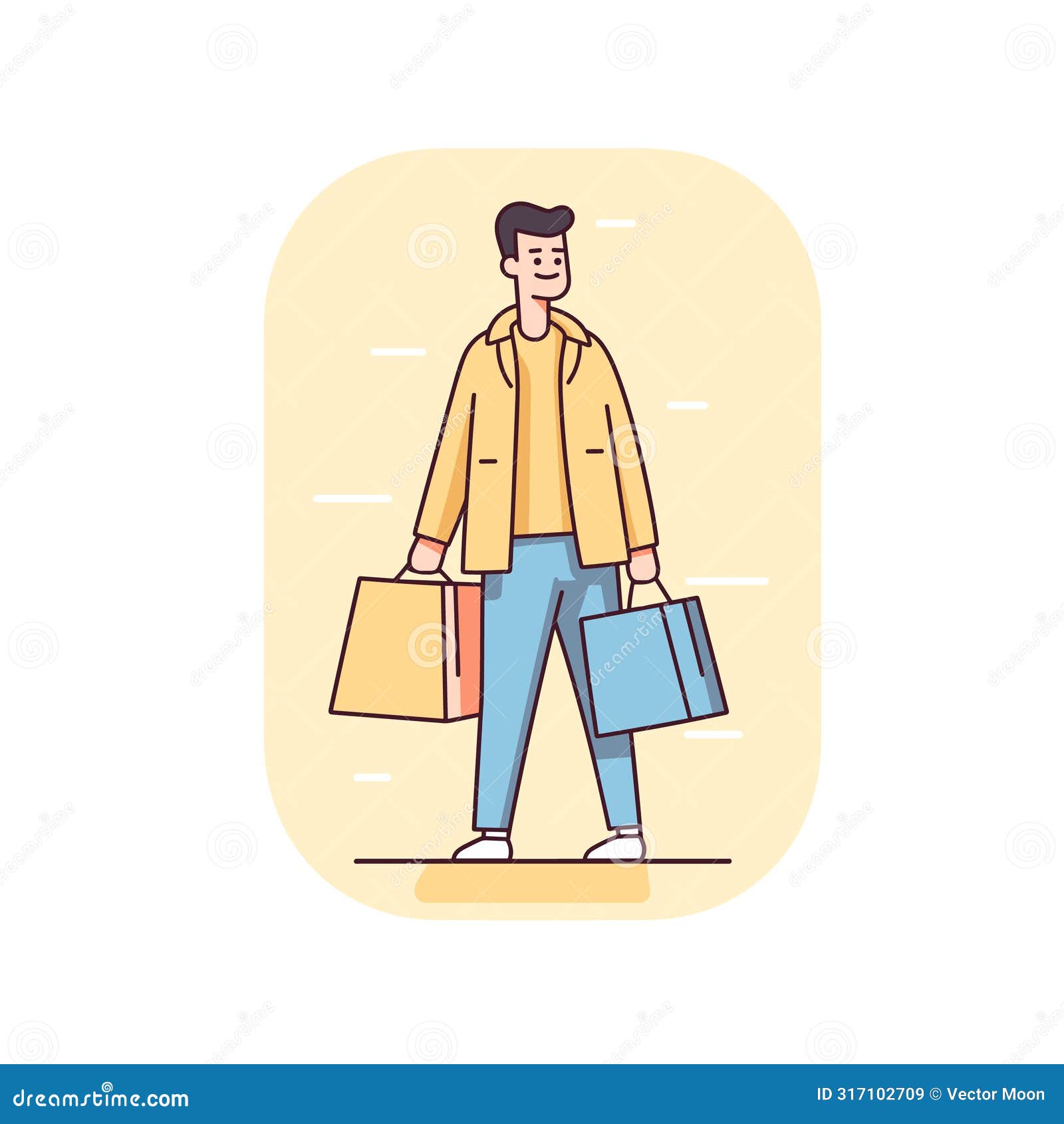 young man happy shopping carrying bags. smiling shopper purchases walking confidently. casual male