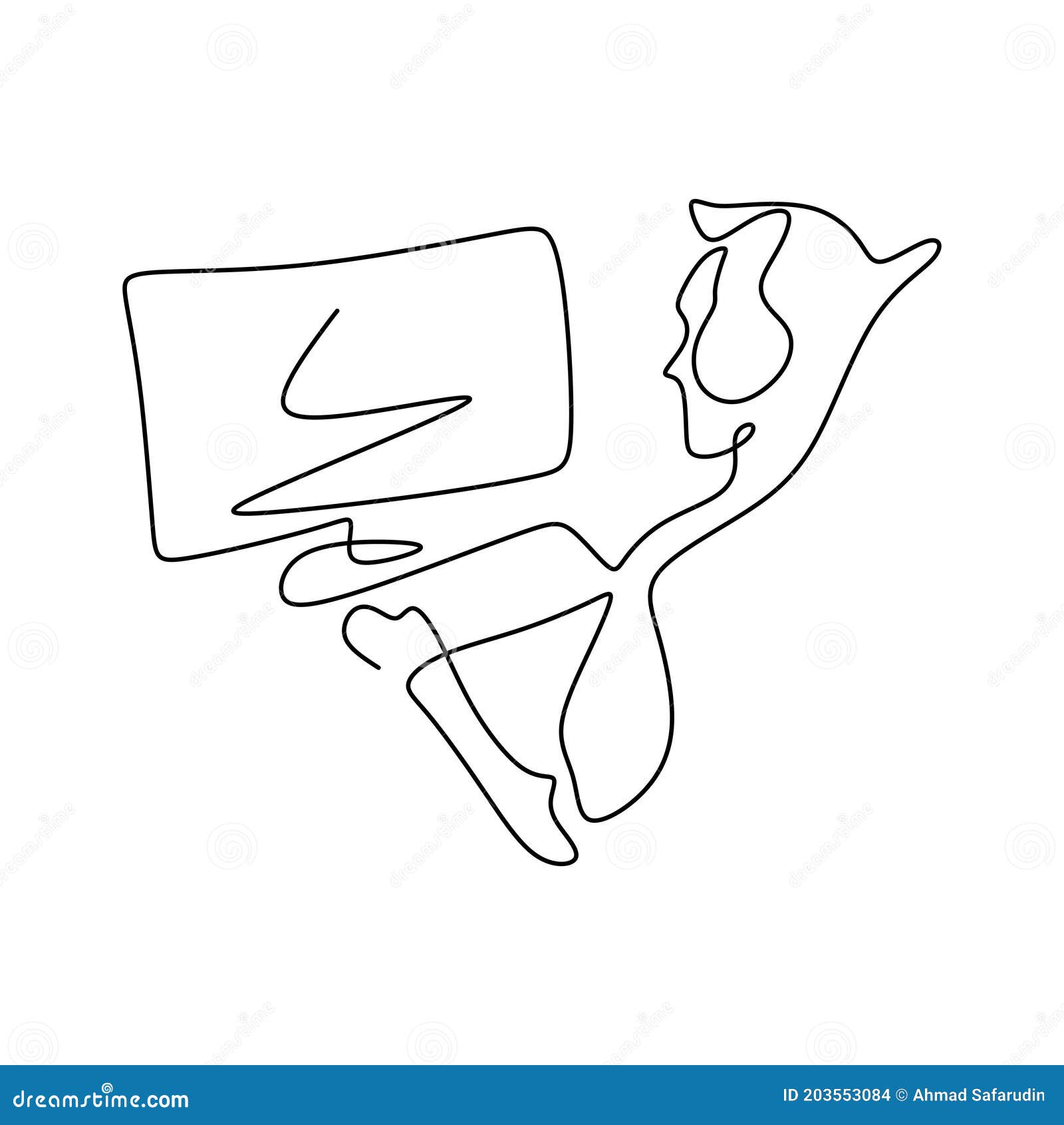 A young man with headset looking at monitor computer. Continuous one line  drawing of a gamer playing games with computer monitor, headphone, mouse,  and keyboard. Sparring game online concept 2099823 Vector Art