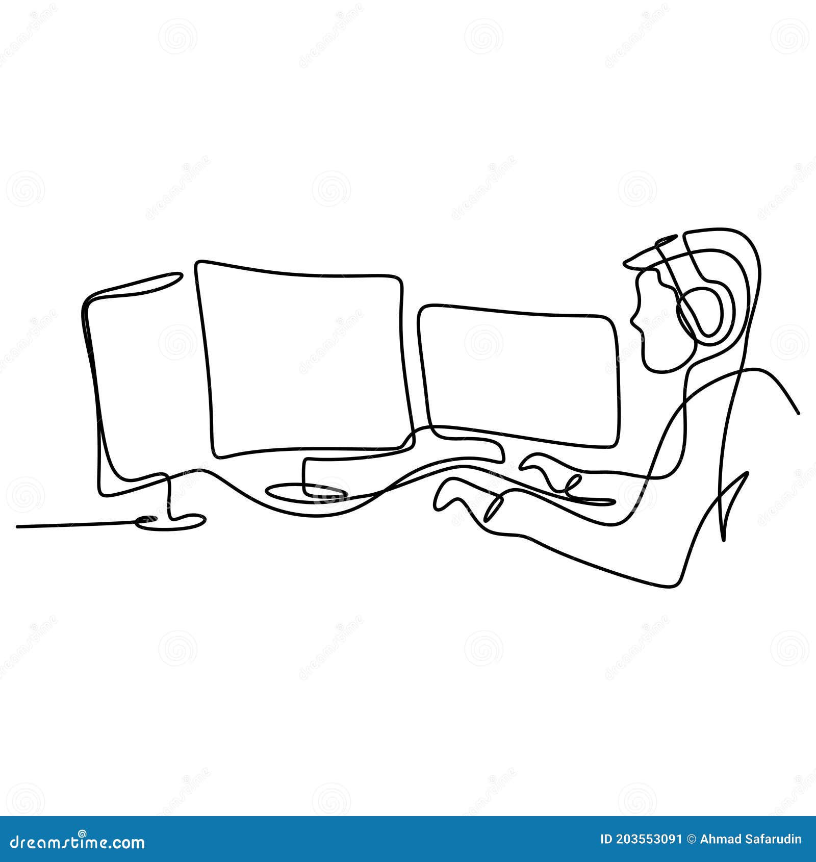 A young man with headset looking at monitor computer. Continuous one line  drawing of a gamer playing games with computer monitor, headphone, mouse,  and keyboard. Sparring game online concept 2099823 Vector Art