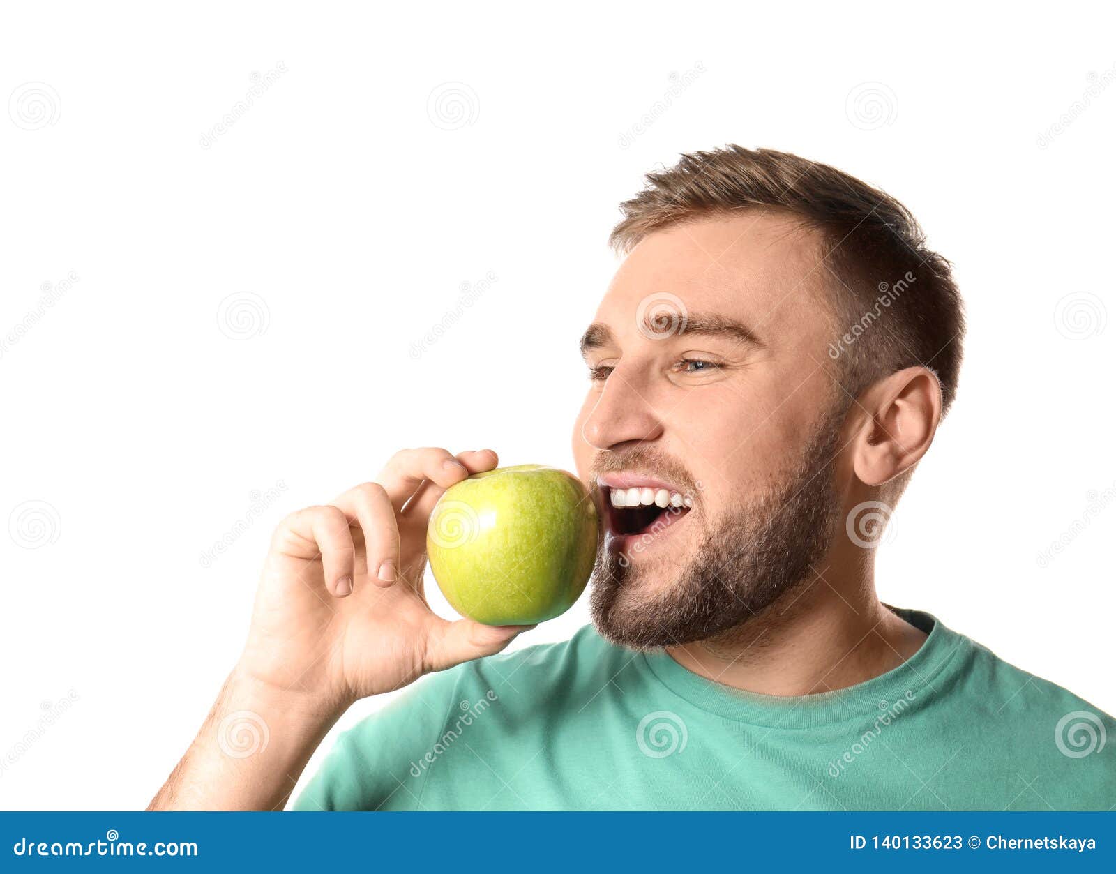 Young Man with Healthy Teeth and Apple on White Stock Image Image of