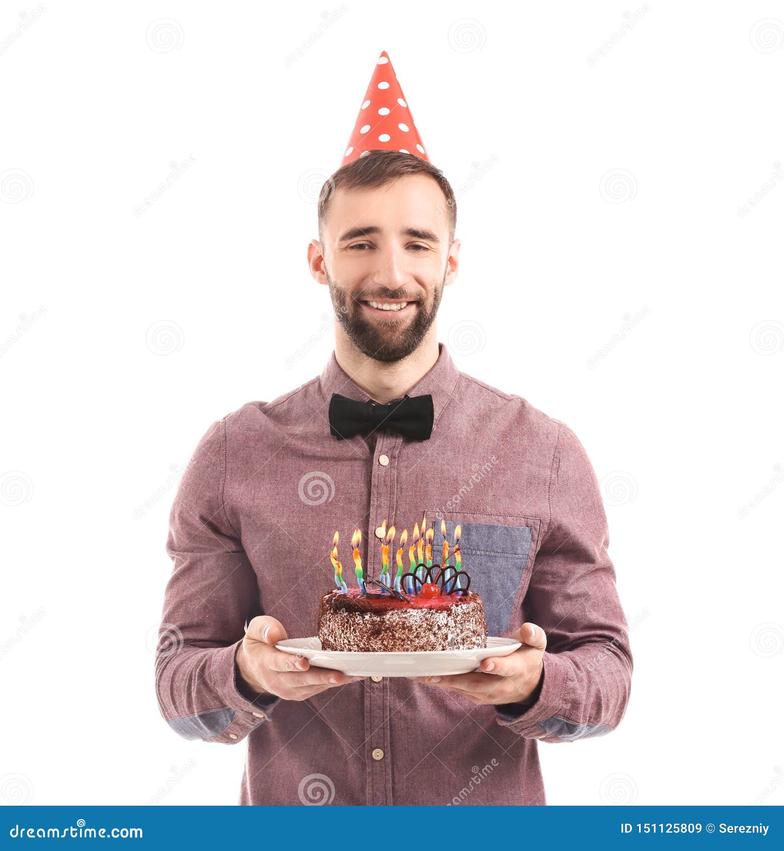 Young Man With His Birthday Cake On White Background Stock Image Image Of Enjoy Dessert 151125809