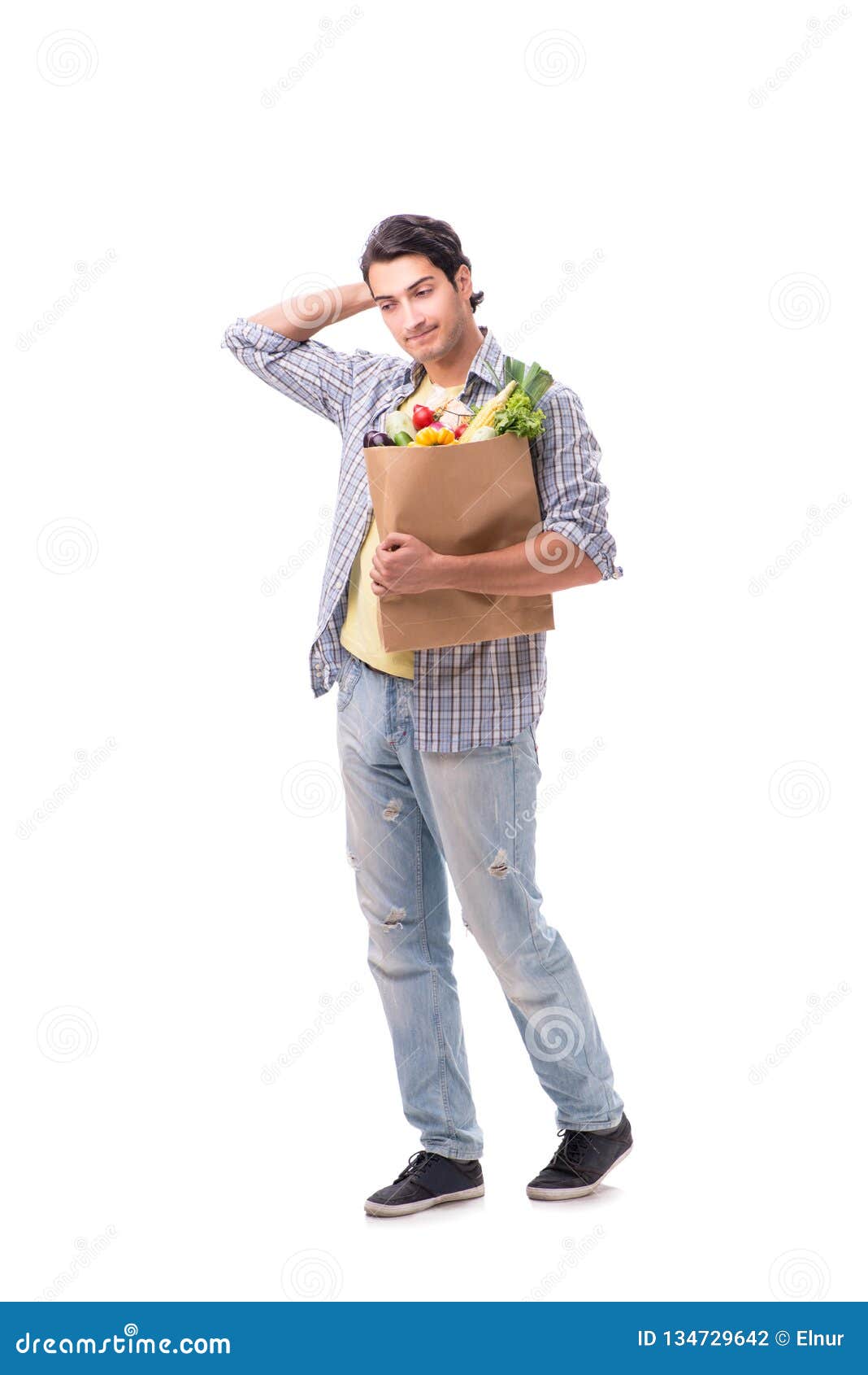 The Young Man with His Grocery Shopping on White Stock Photo - Image of ...