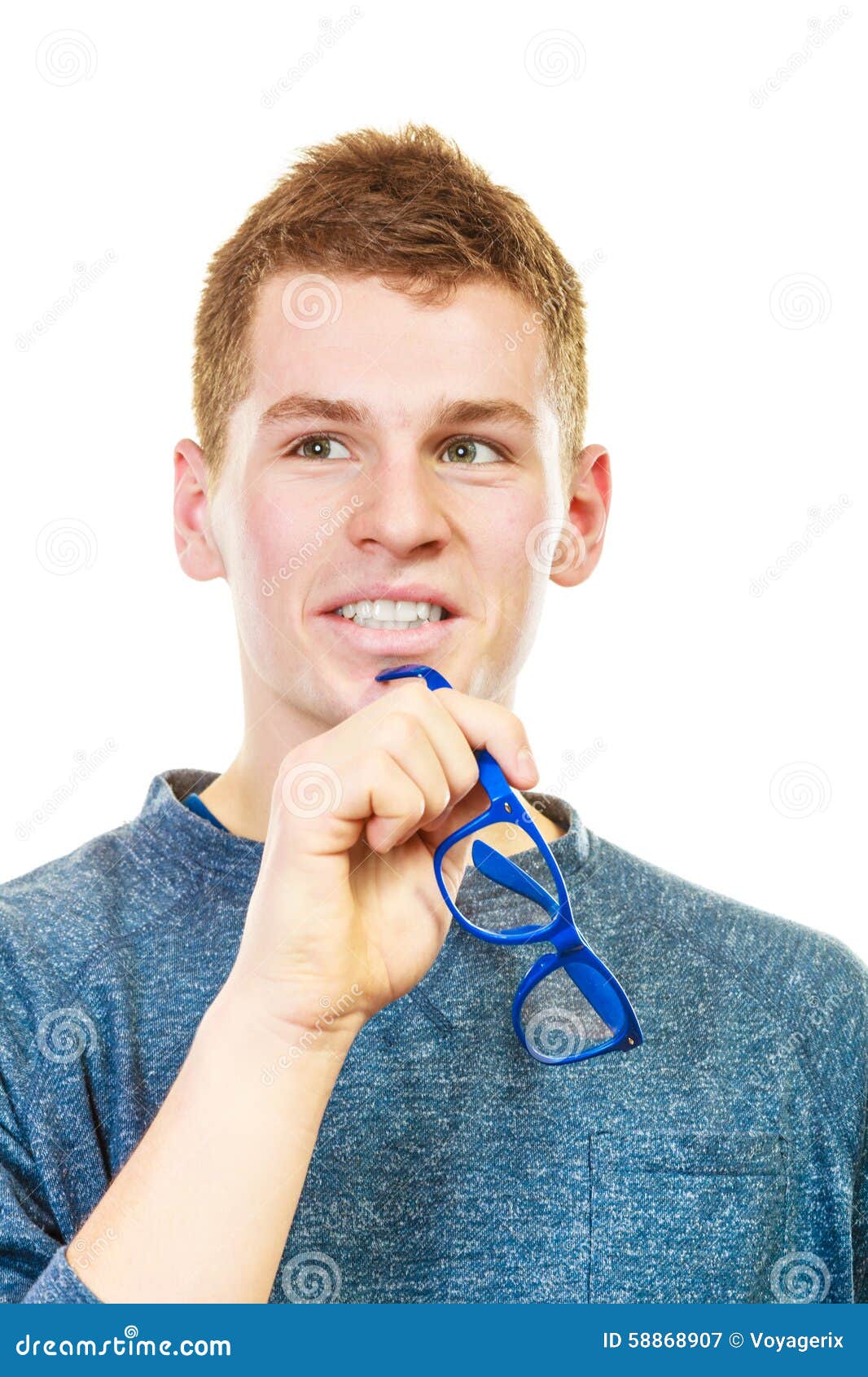 Young Man Holding Glasses in Hand Thinking Stock Image Image of young