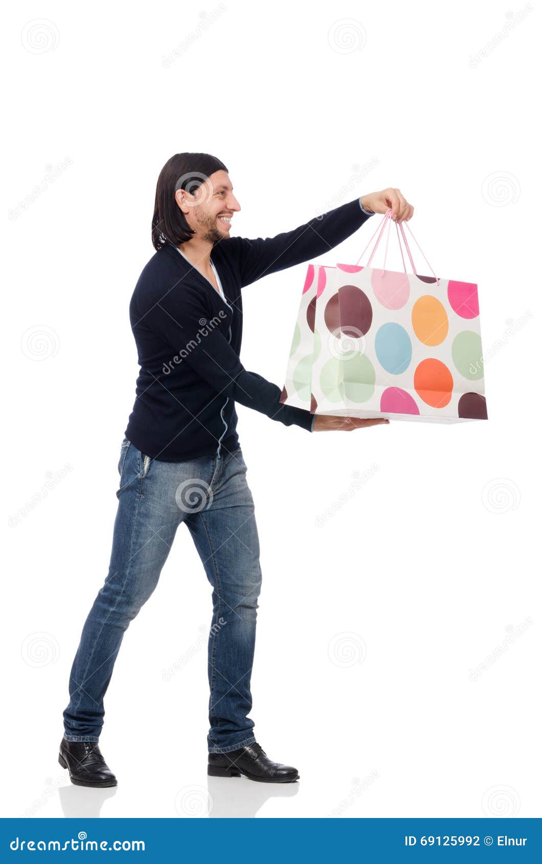 The Young Man Holding Plastic Bags Isolated on White Stock Photo