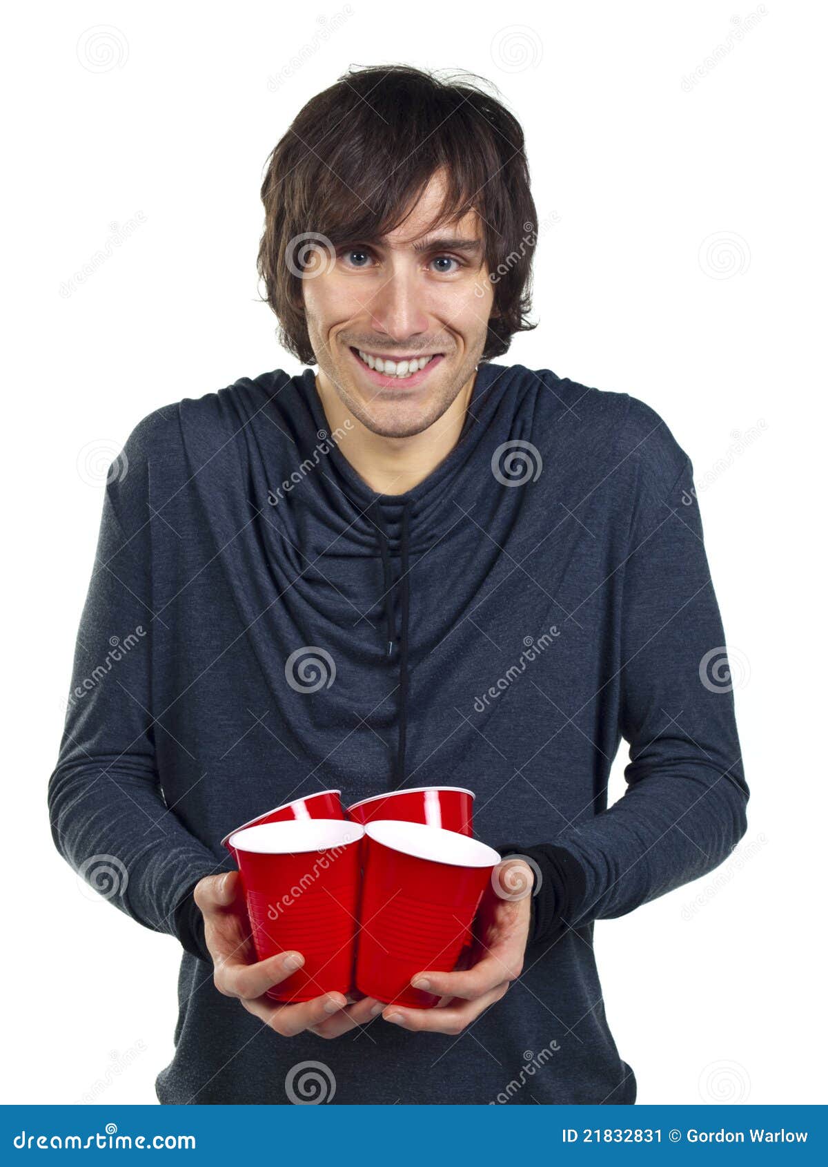 Young Man Holding Plastic Drinking Cups Stock Image Image of face