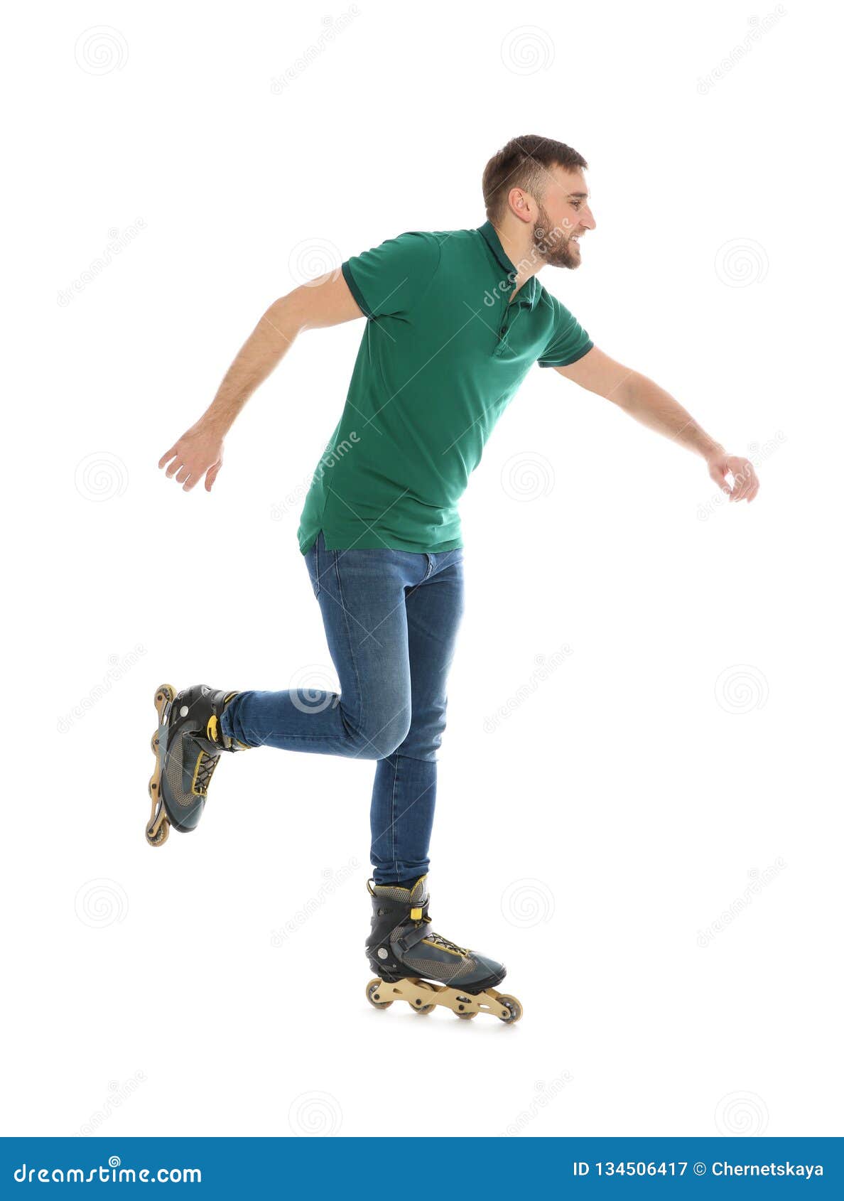 Young Man with Inline Roller Skates on White Background Stock Image