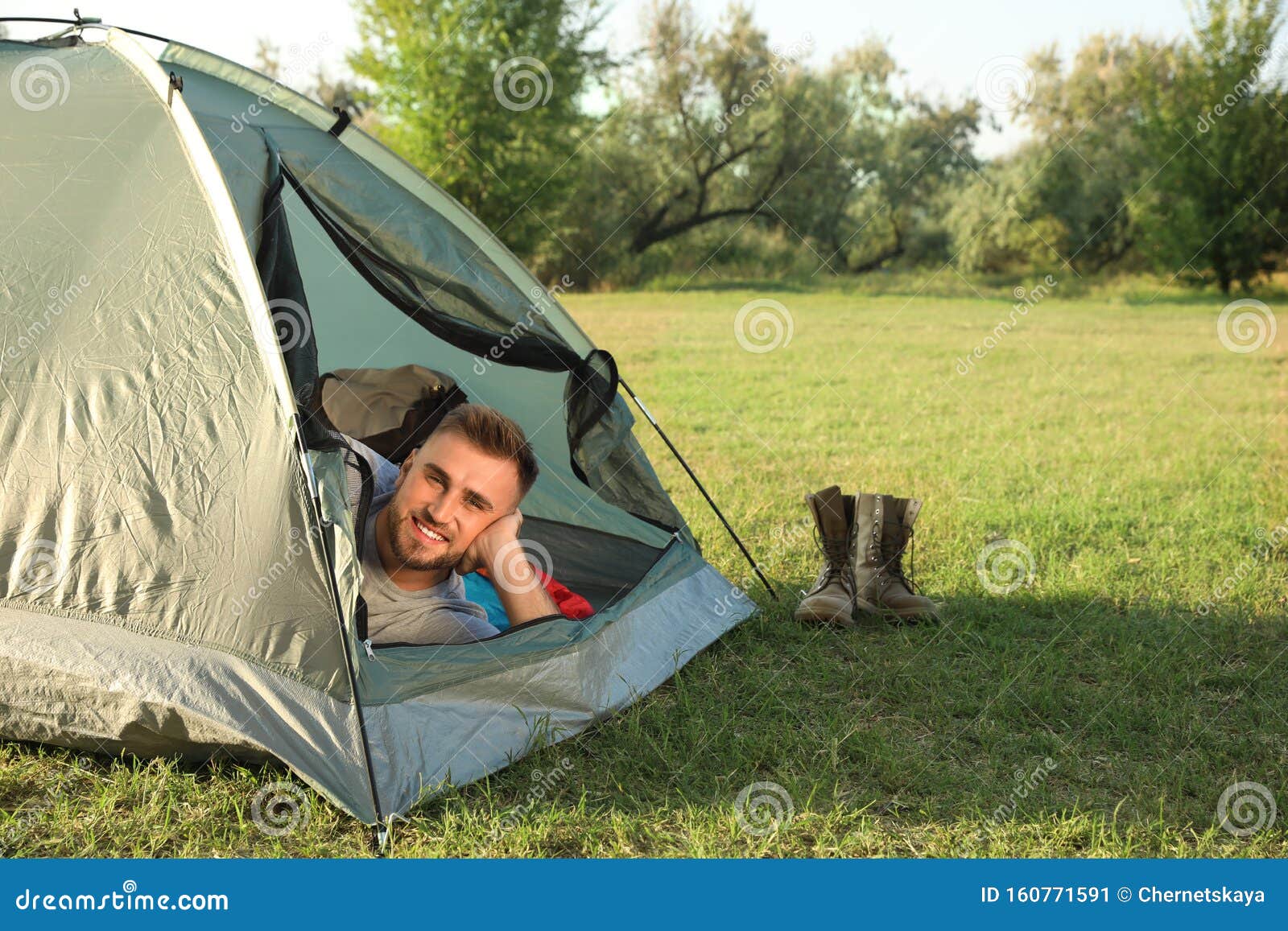 Young Man Lying Inside Camping Tent Stock Image Image of gear