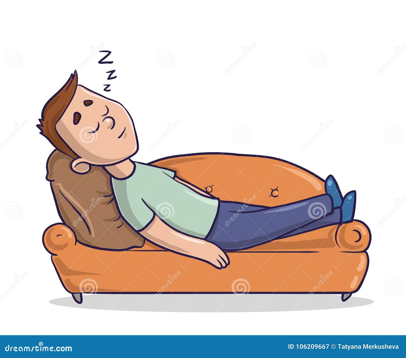 young man lying on a sandy-colored couch takes a nap. guy sleeping on a sofa. cartoon character  