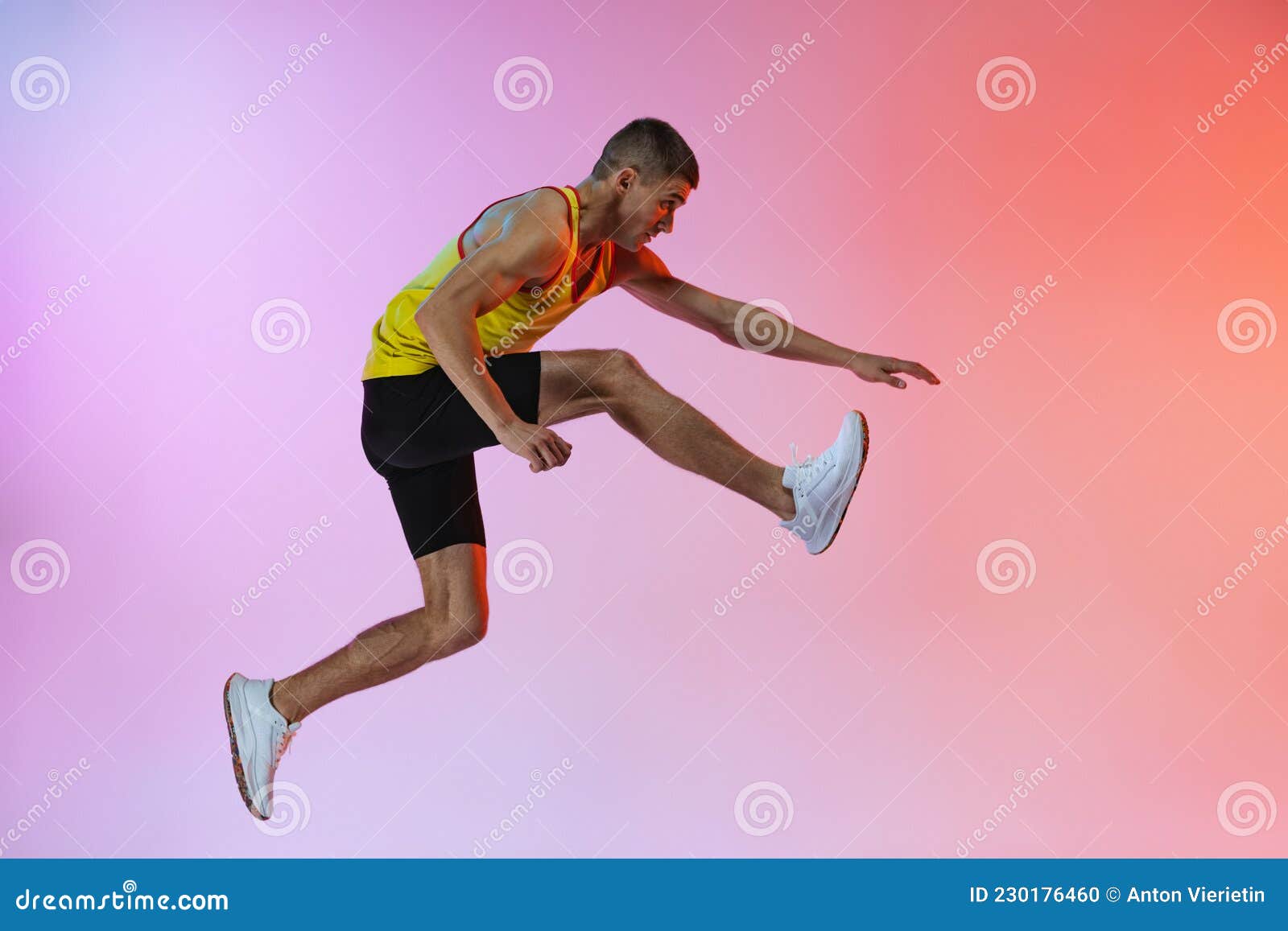 Young Man, Male Athlete in Motion Over Gradient Studio Background