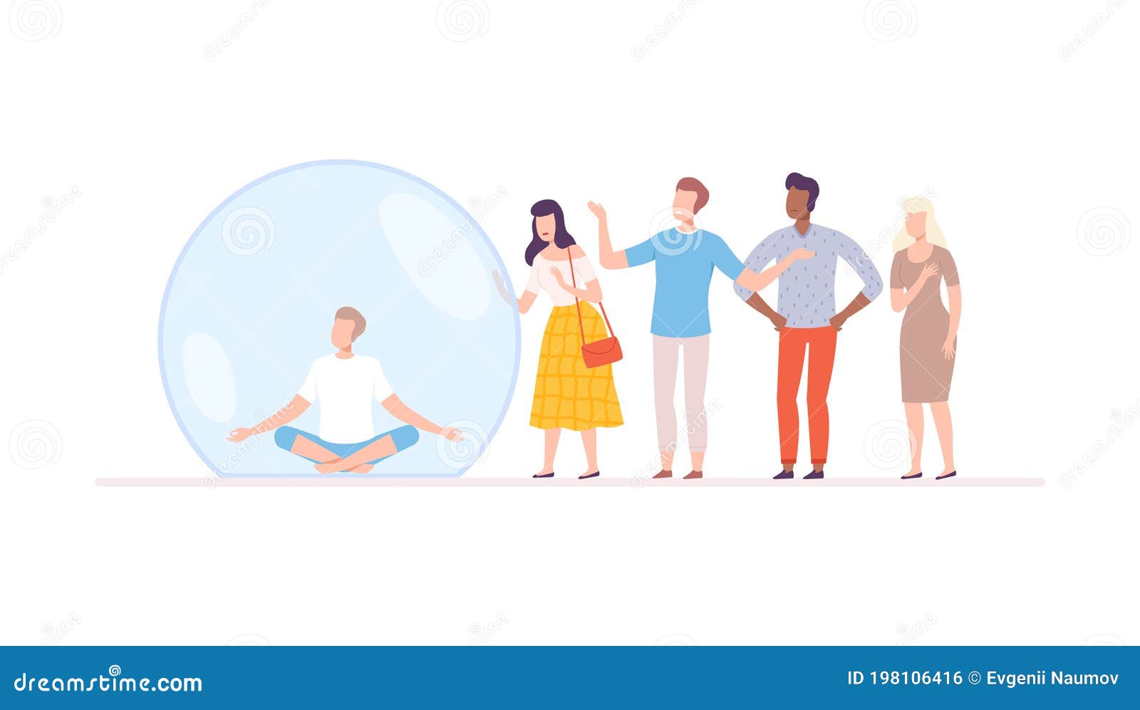 Young Man Meditating in Transparent Protective Bubble, Separation from