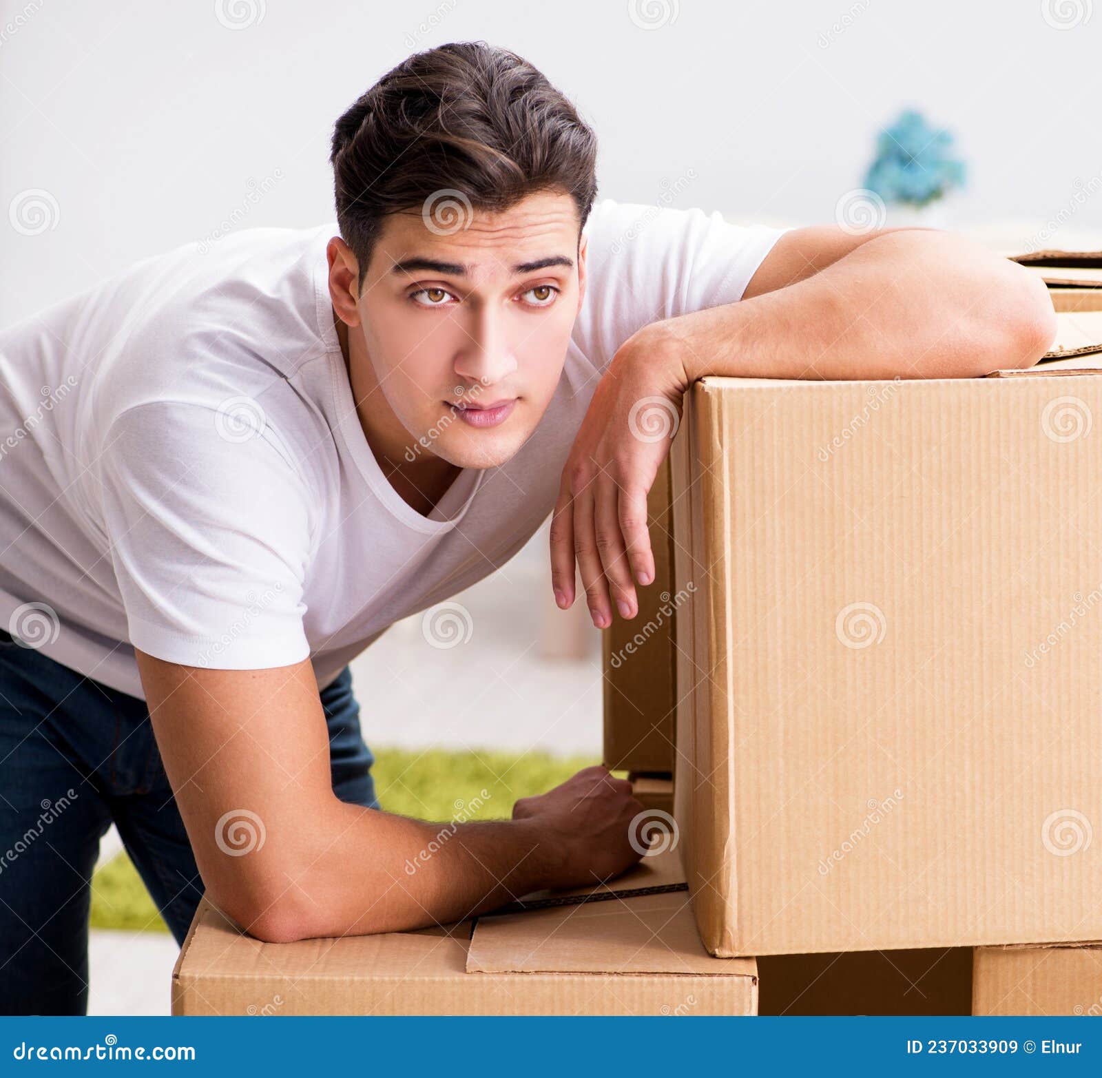 Young Man Moving Boxes at Home Stock Image Image of effects, boxes