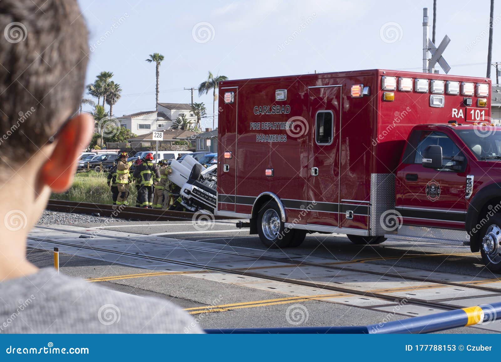Young Man Observing Terrible Accident Scene Involving a Vehicle and a