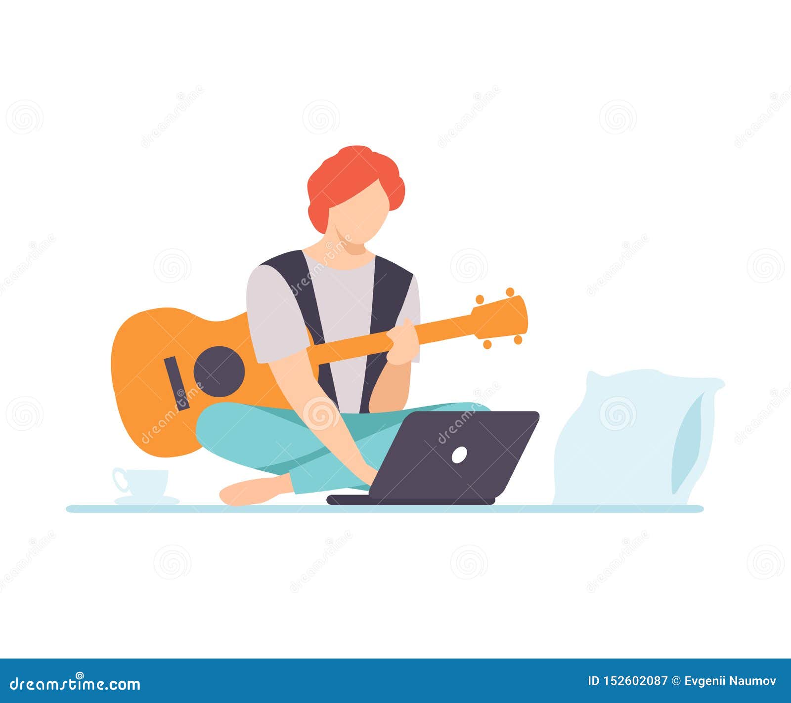 Young Man Playing Guitar, Guy Learning Guitar through Course