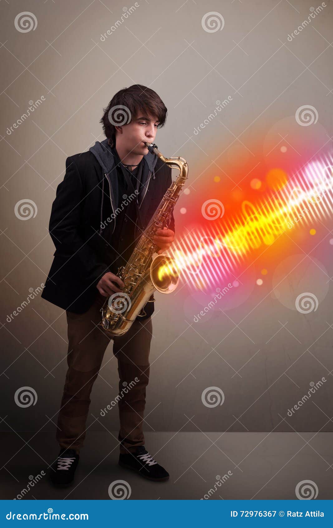 Young Man Playing on Saxophone with Colorful Sound Waves Stock Image
