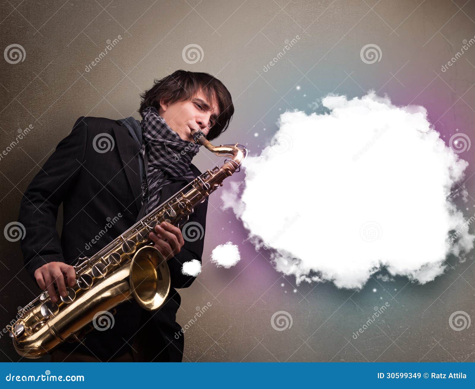 Young Man Playing on Saxophone with Copy Space in White Cloud Stock