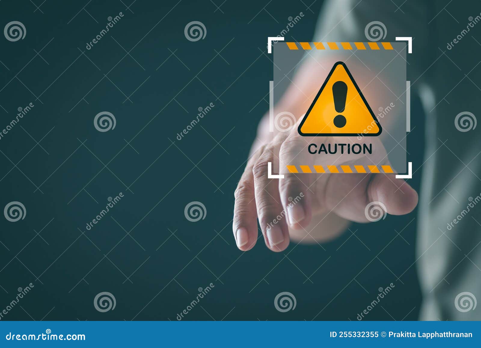 Young Man Pointing at Exclamation Mark Icon, Warning Label Concept