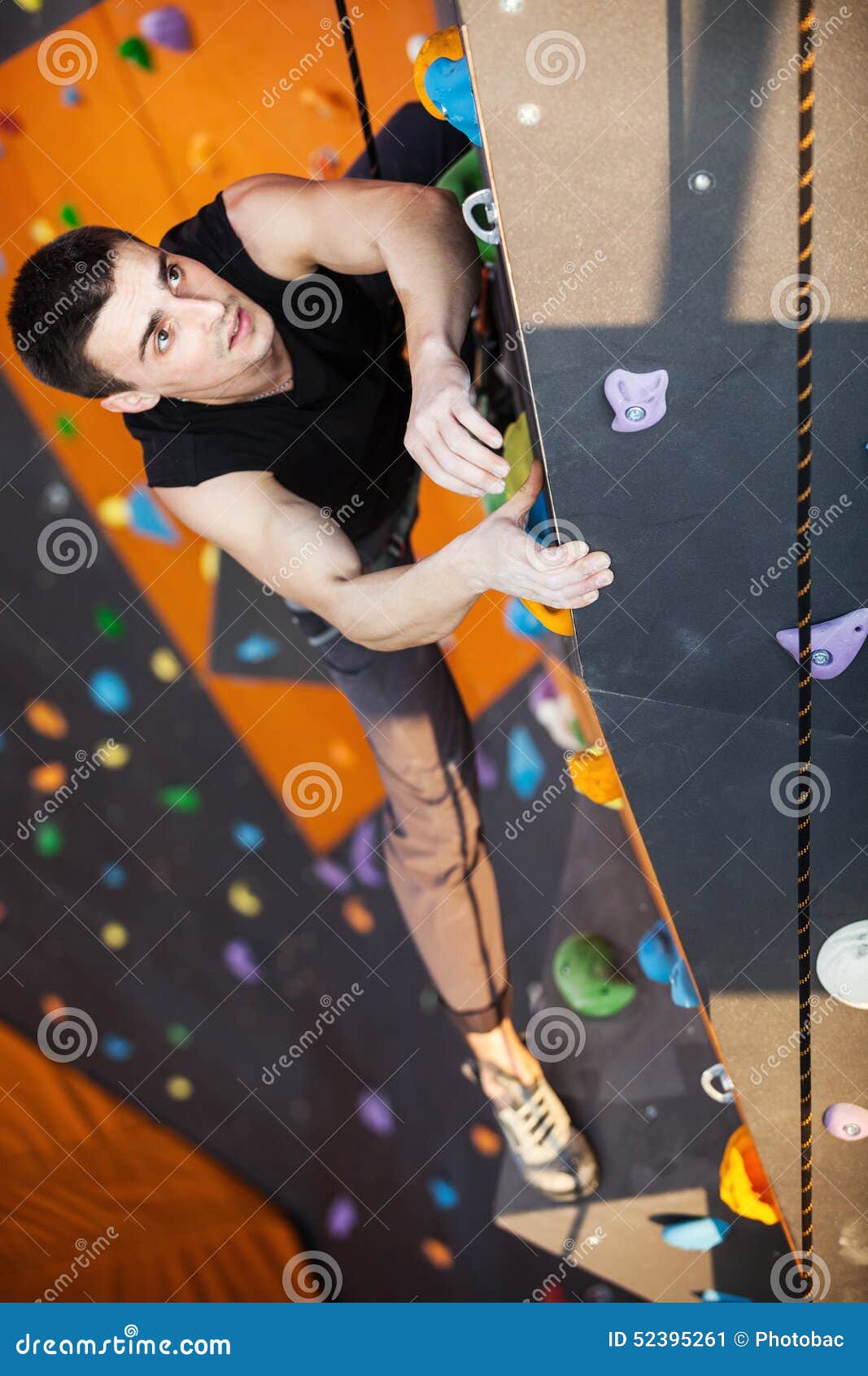 Young Man Practicing Top Rope Climbing Stock Image Image of leisure