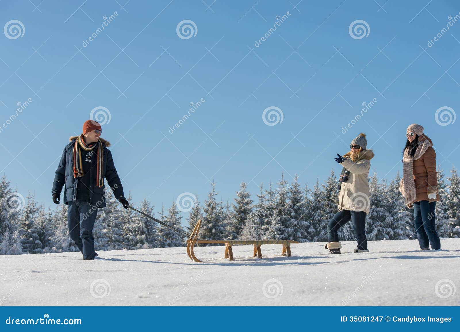 Young Man Pulling Snow Sledge Winter Countryside Stock Image Image of