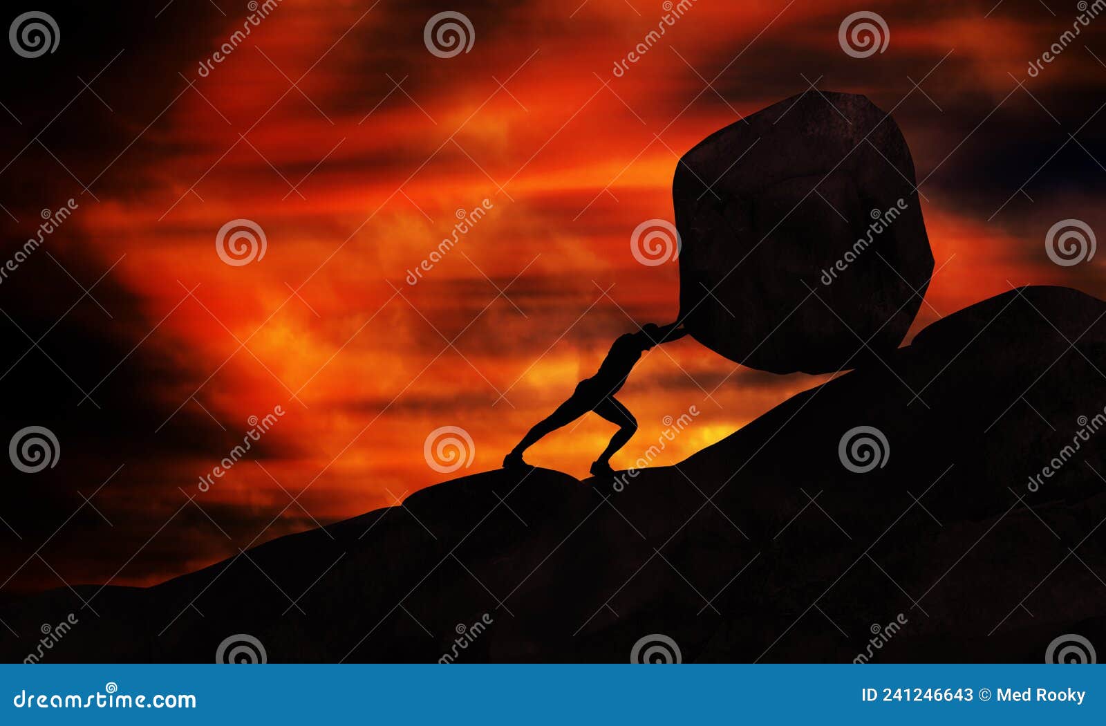 young man pushing uphill big rock at sunset. businessman push the heavy stone up the top of mountain.