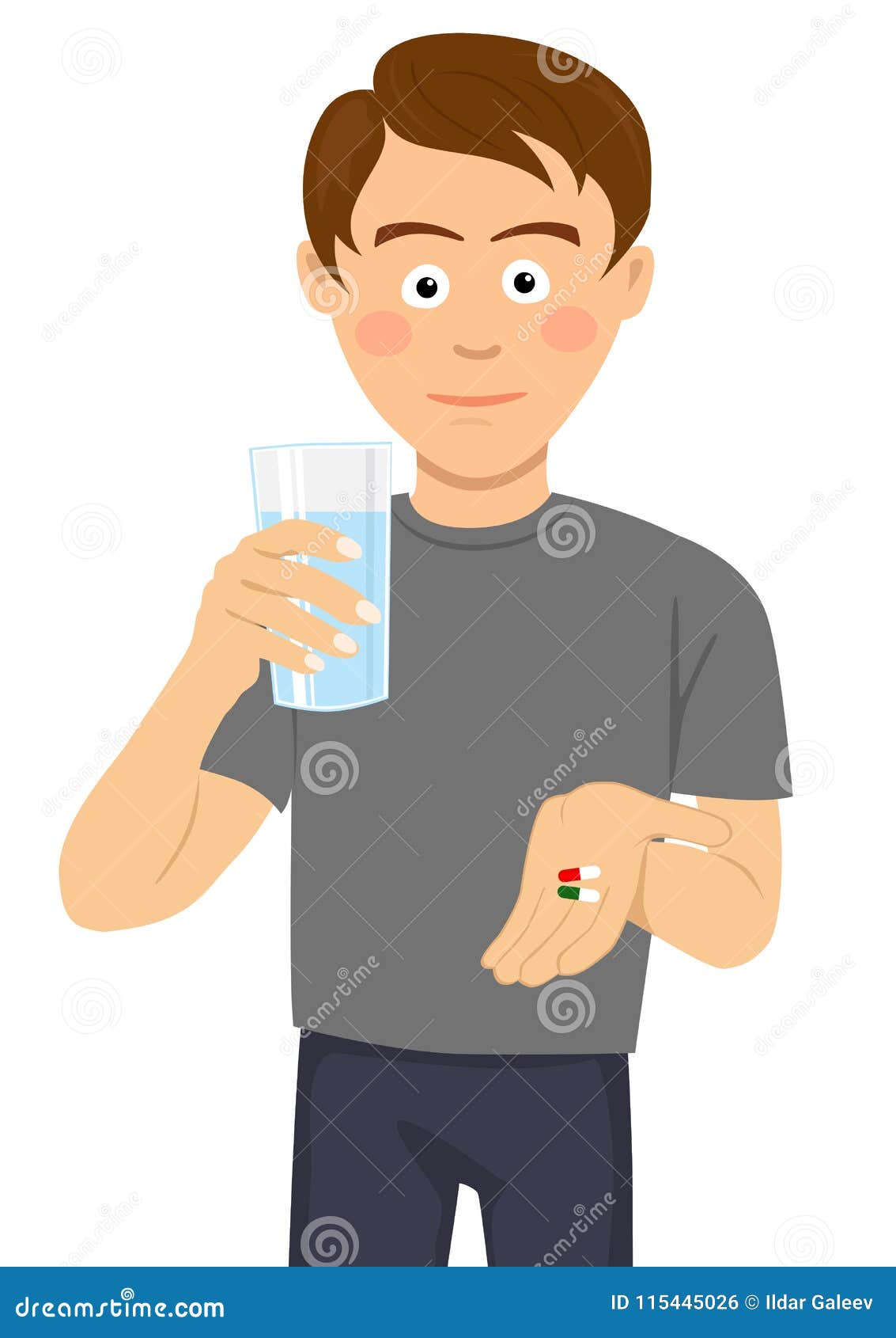 young man is ready to take pills holding a glass of water