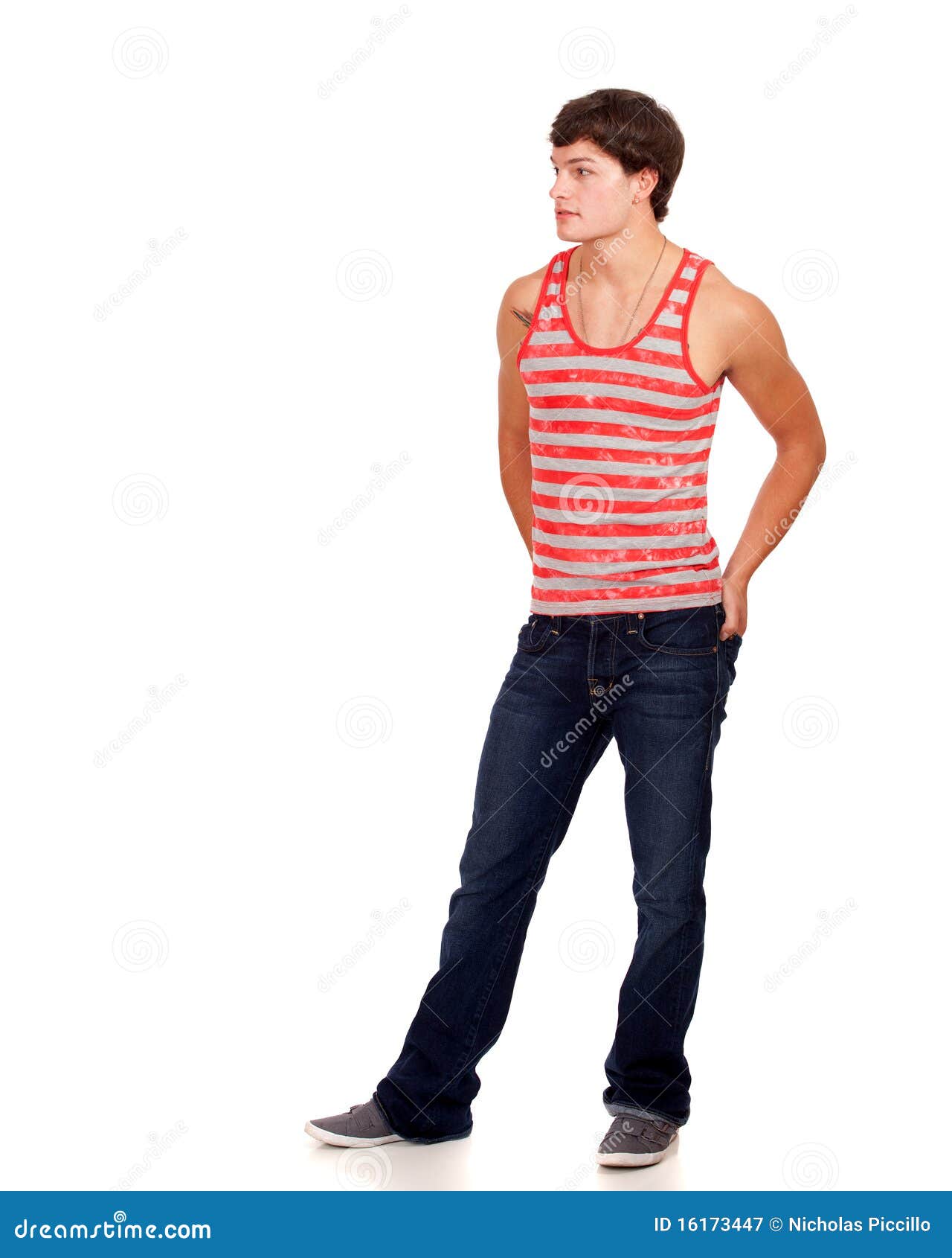 Young Man in Red and White Striped Shirt and Jeans Stock Image - Image ...