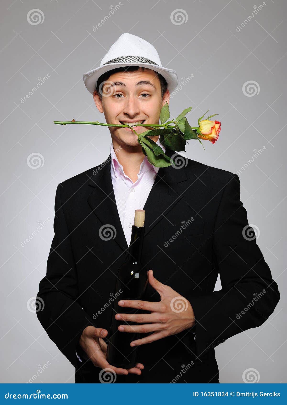 Young Man with Rose Flower and Vine Bottle Stock Photo Image of