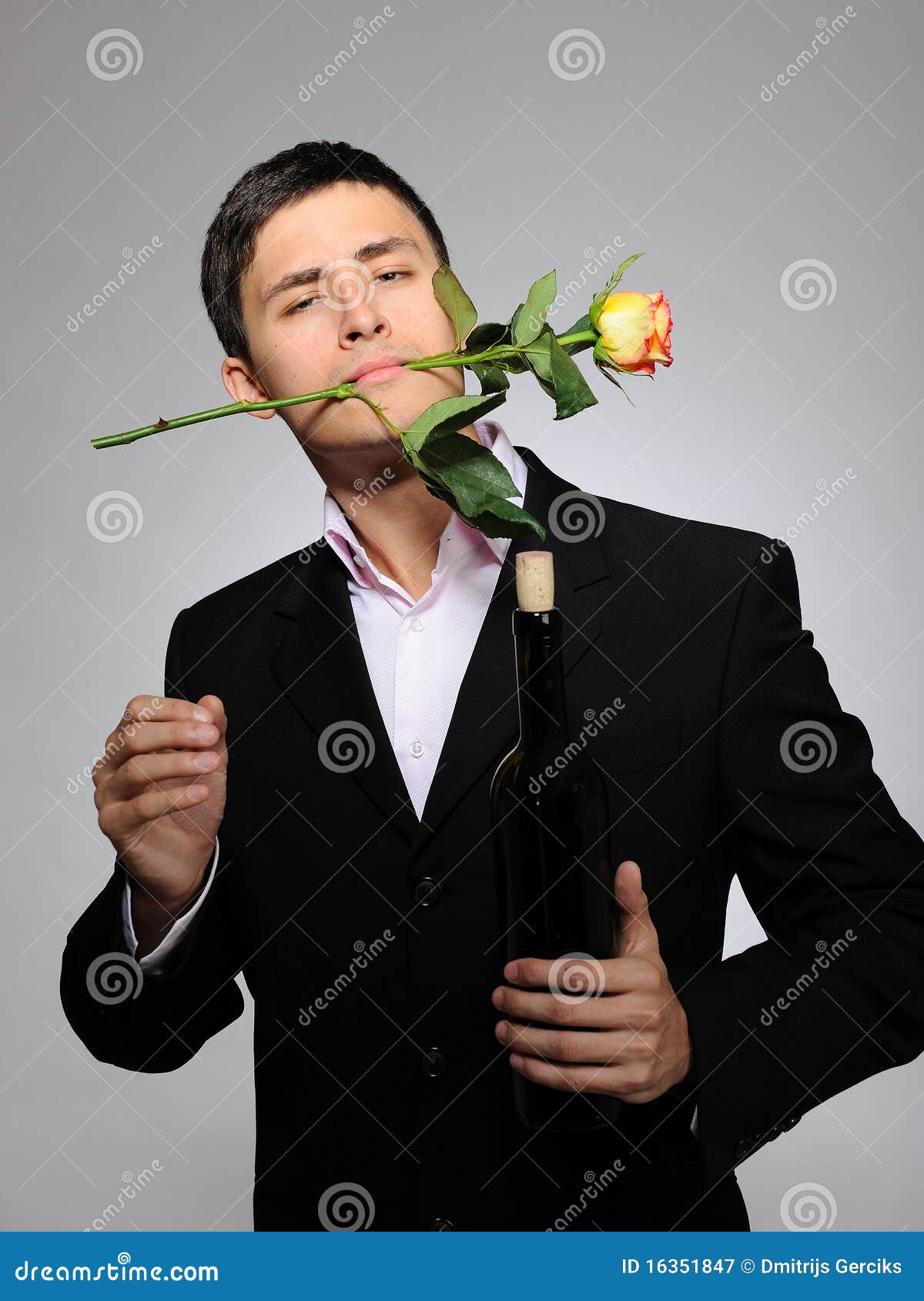 Young Man with Rose Flower and Vine Bottle Stock Image Image of