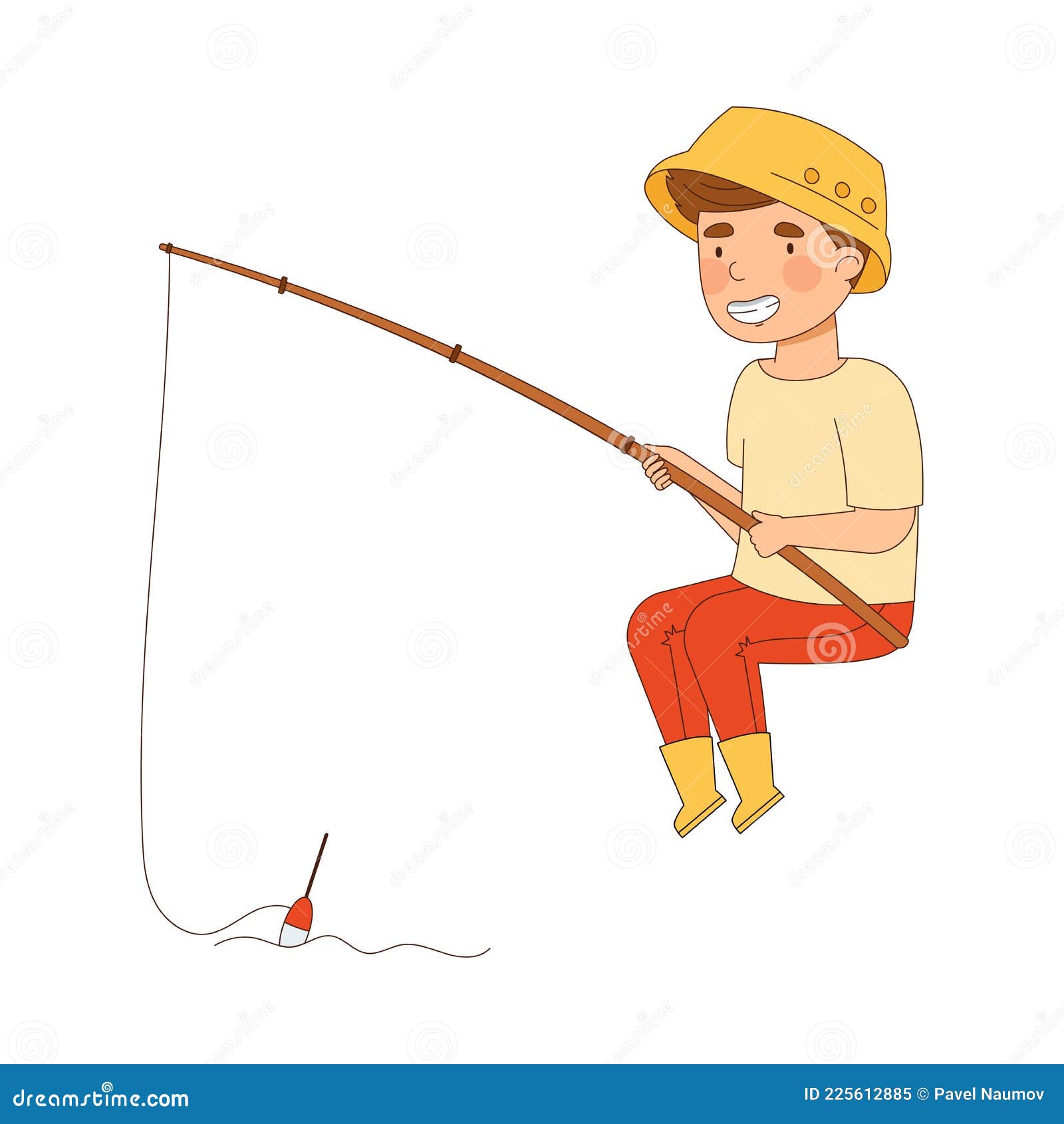 Young Man in Rubber Boots Sitting with Fishing Rod Catching Fish Vector ...