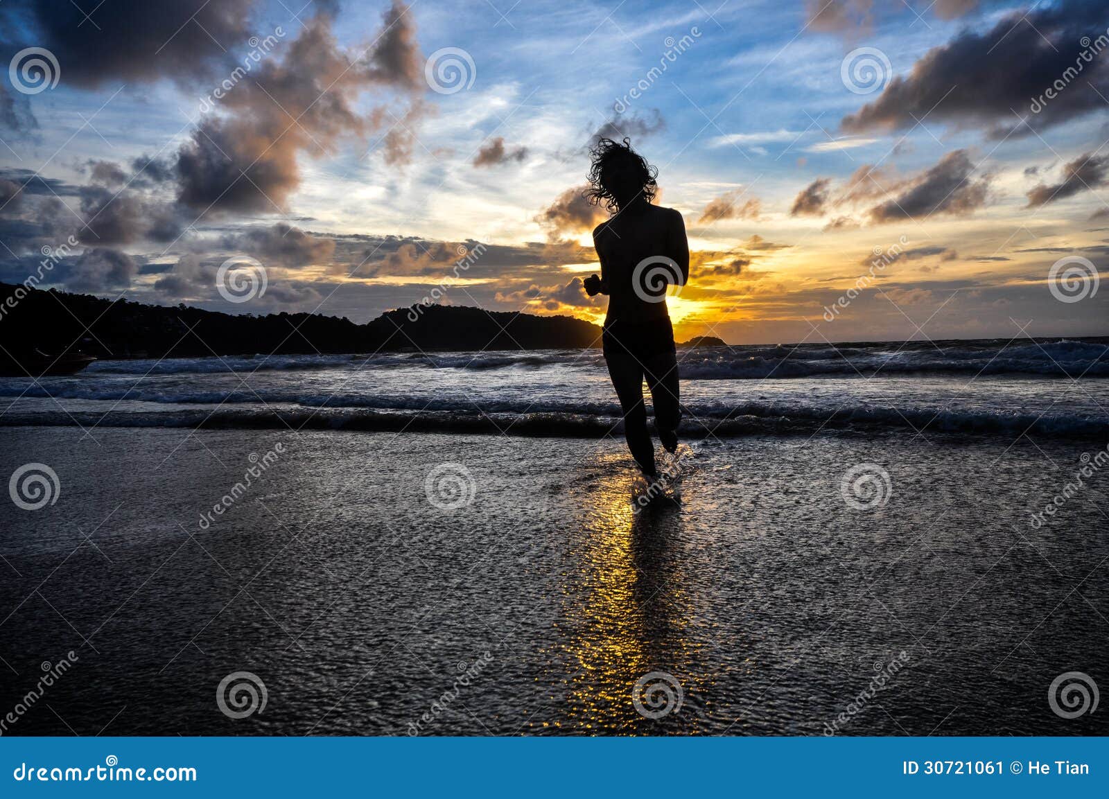 Young Man Running on Beach when Sunset Stock Image - Image of sand ...