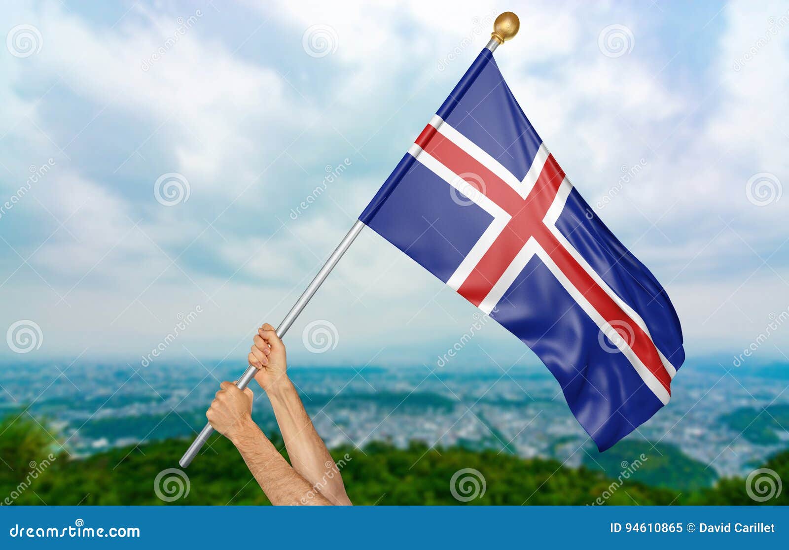 Young Man`s Hands Proudly Waving the Iceland National Flag in the Sky ...