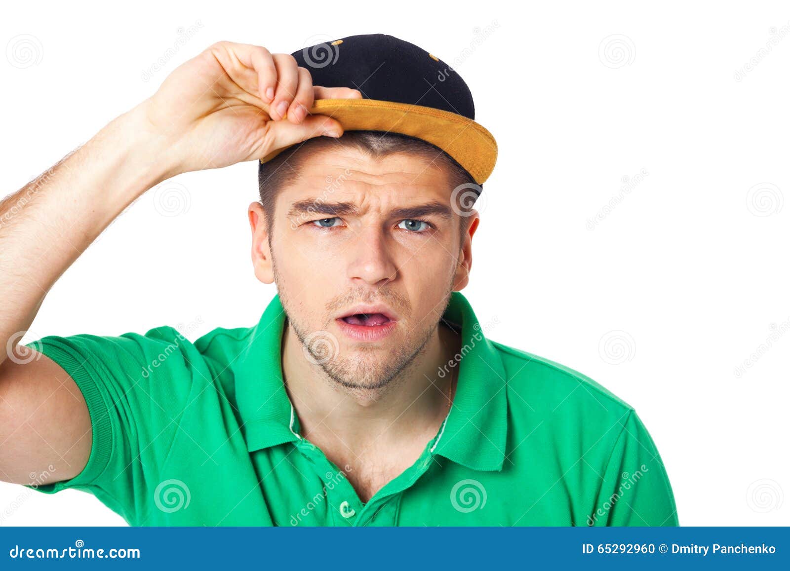 Young Man Saw Something Disgusting Isolated on White. Stock Photo