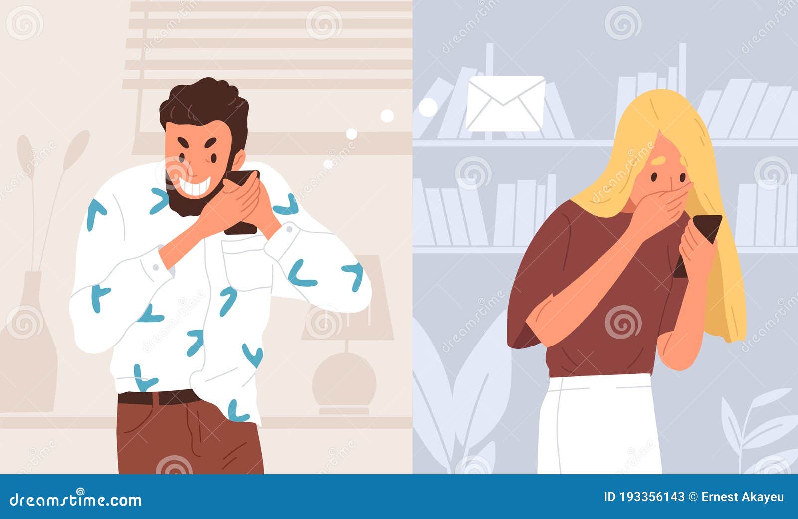 young man send prank, joke, tricky message to woman by smartphone. april 1, fools day. surprised, shocked girl got a