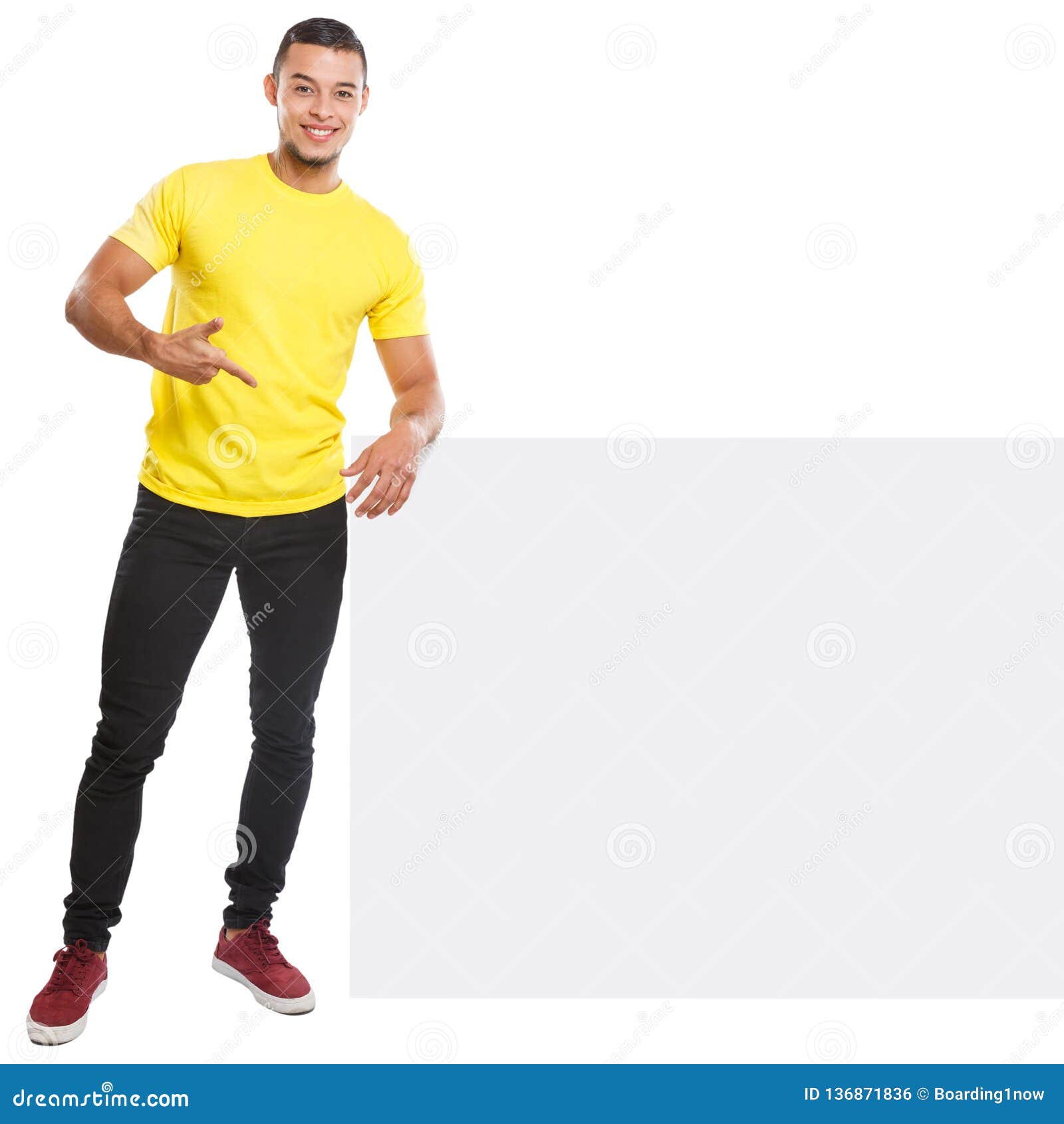 young man showing pointing copyspace marketing ad advert empty blank sign  on white
