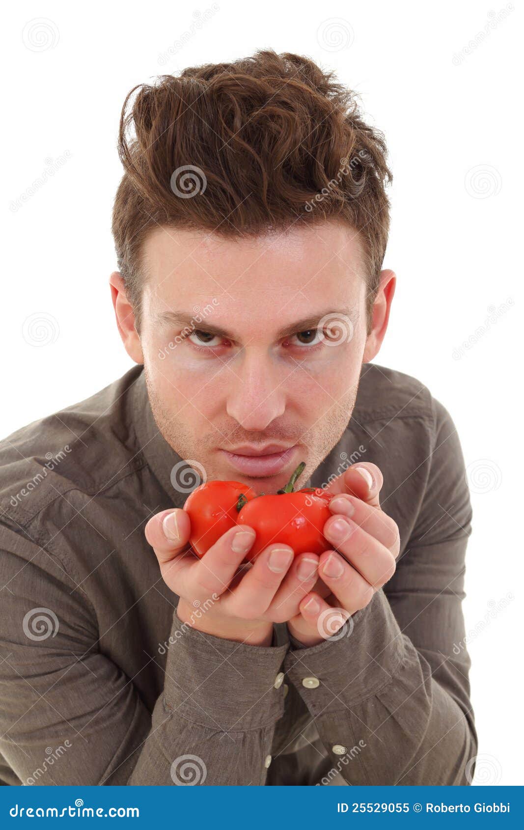 Young Man Smelling Tomatoes Stock Image Image of pretty, high 25529055