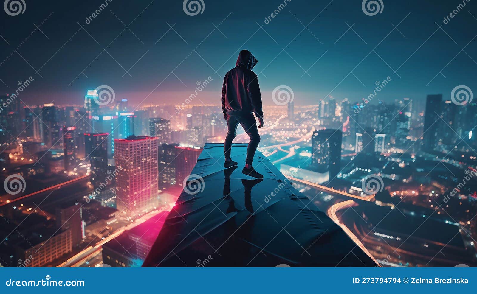 Teenager Standing on a Roof in Cyberpunk City Illustration Wallpaper  Generative AI Stock Illustration