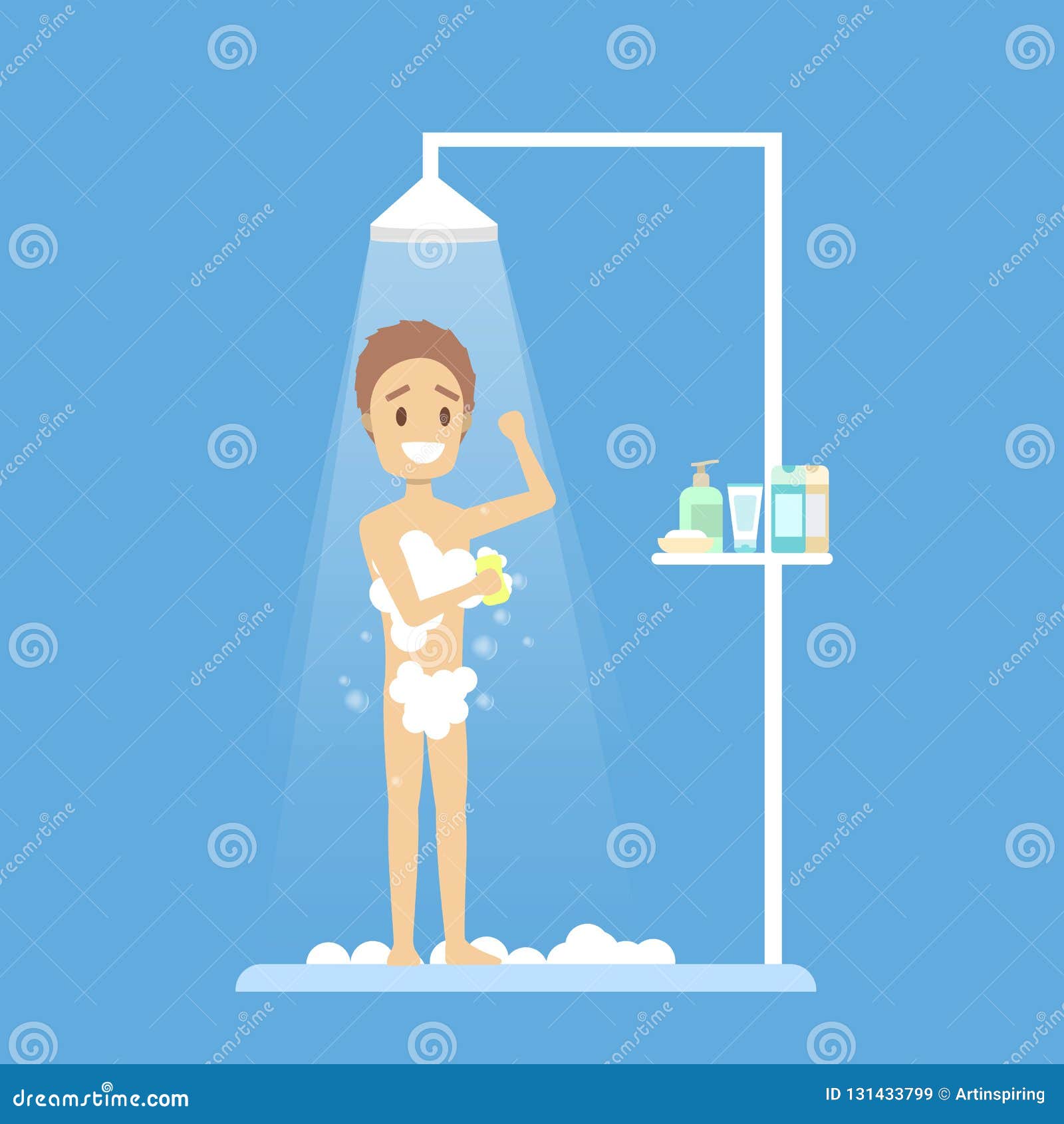Young Man Take Shower in the Bathroom Stock Vector - Illustration of ...