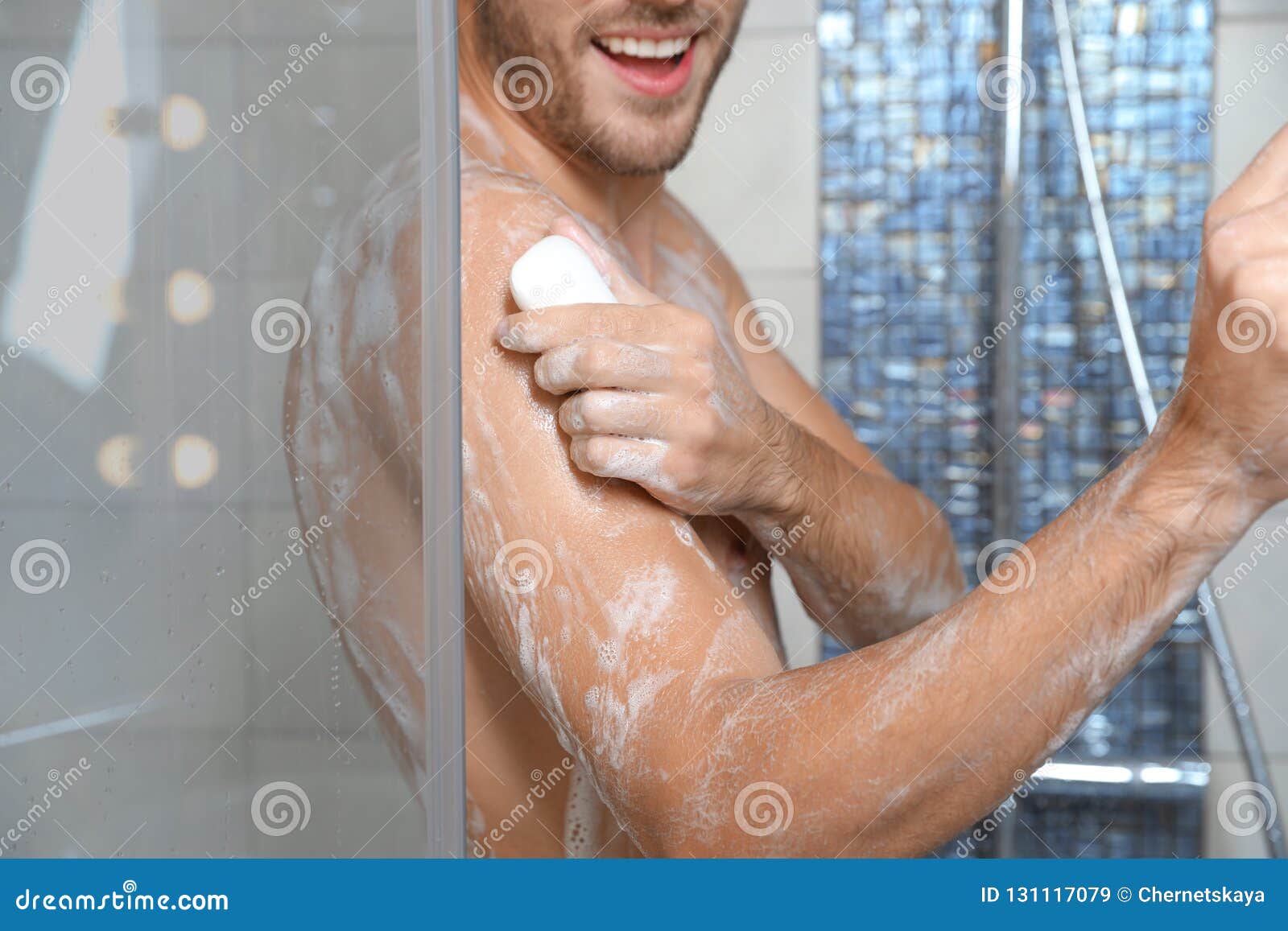 Young Man Taking Shower with Soap in Bathroom Stock Image Image of