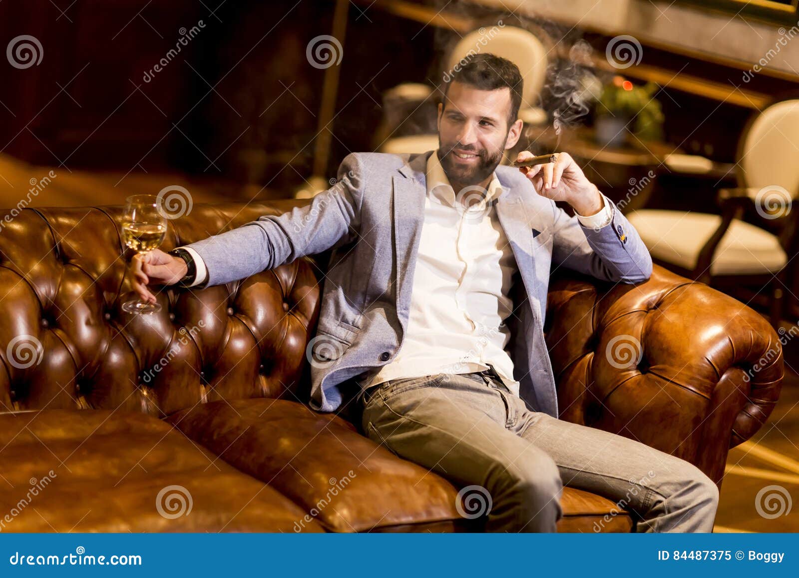 Young Man Tasting White Wine and Smoking Cigar Stock Image Image of